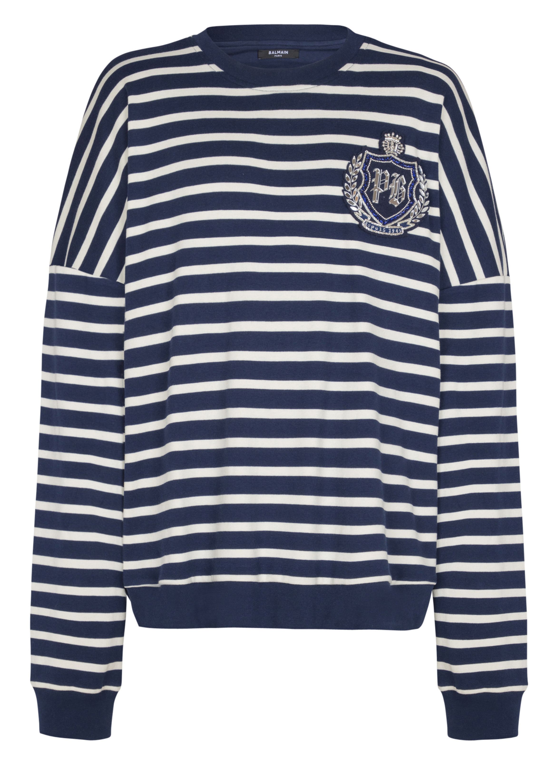 Sweat-Shirt marinière en coton college emblem Balmain Homme