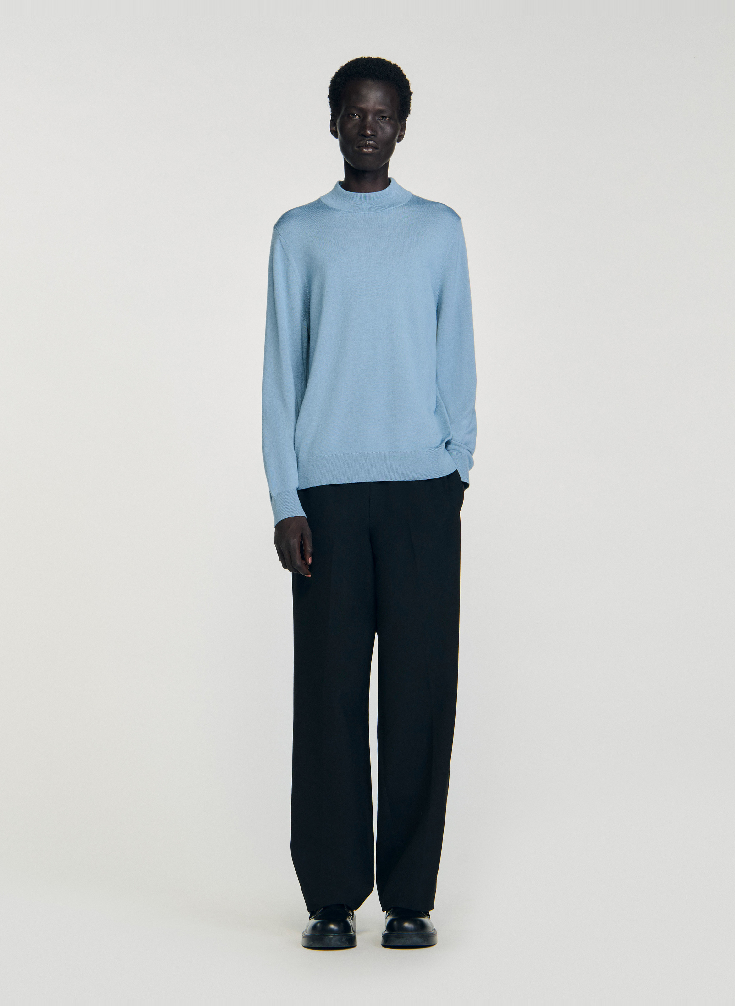 Pull droit manches longues uni en laine SANDRO Bleu