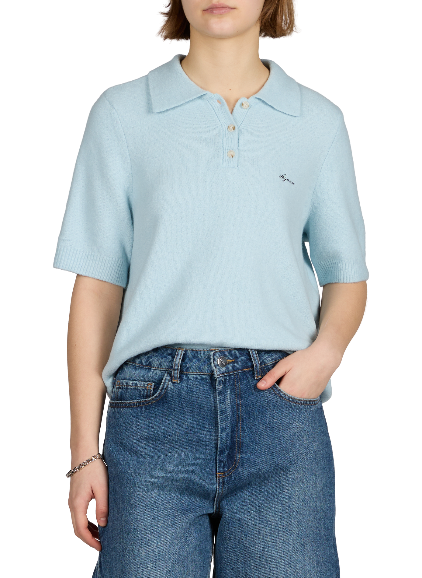 Textured Polo in Blended Cotton OBJECT Blue