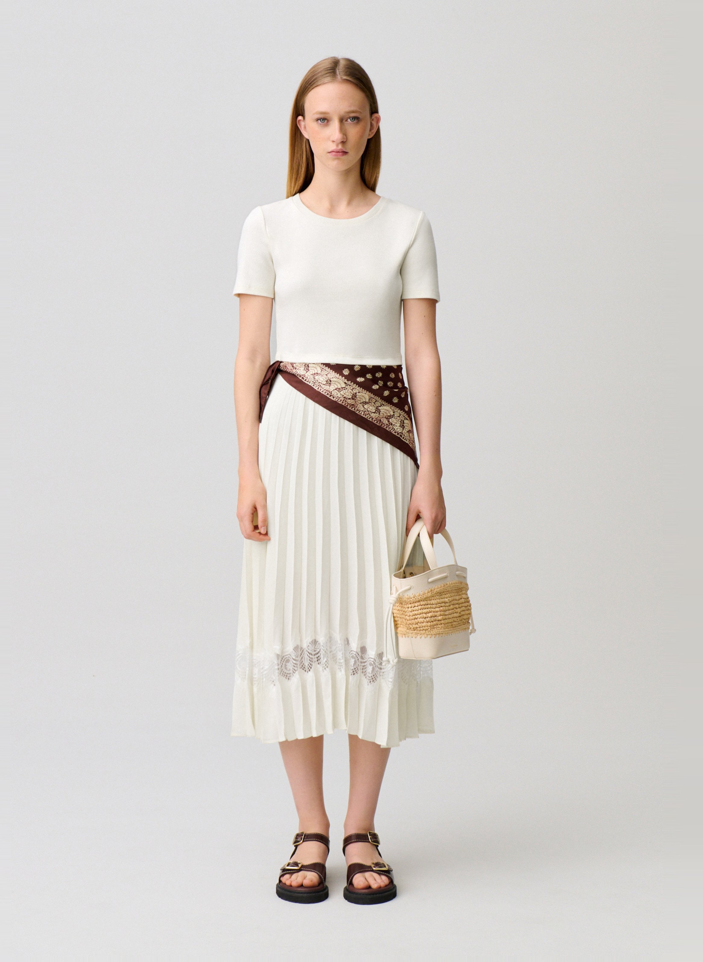 Robe midi col rond bi-matière plissée en coton CLAUDIE PIERLOT Blanc