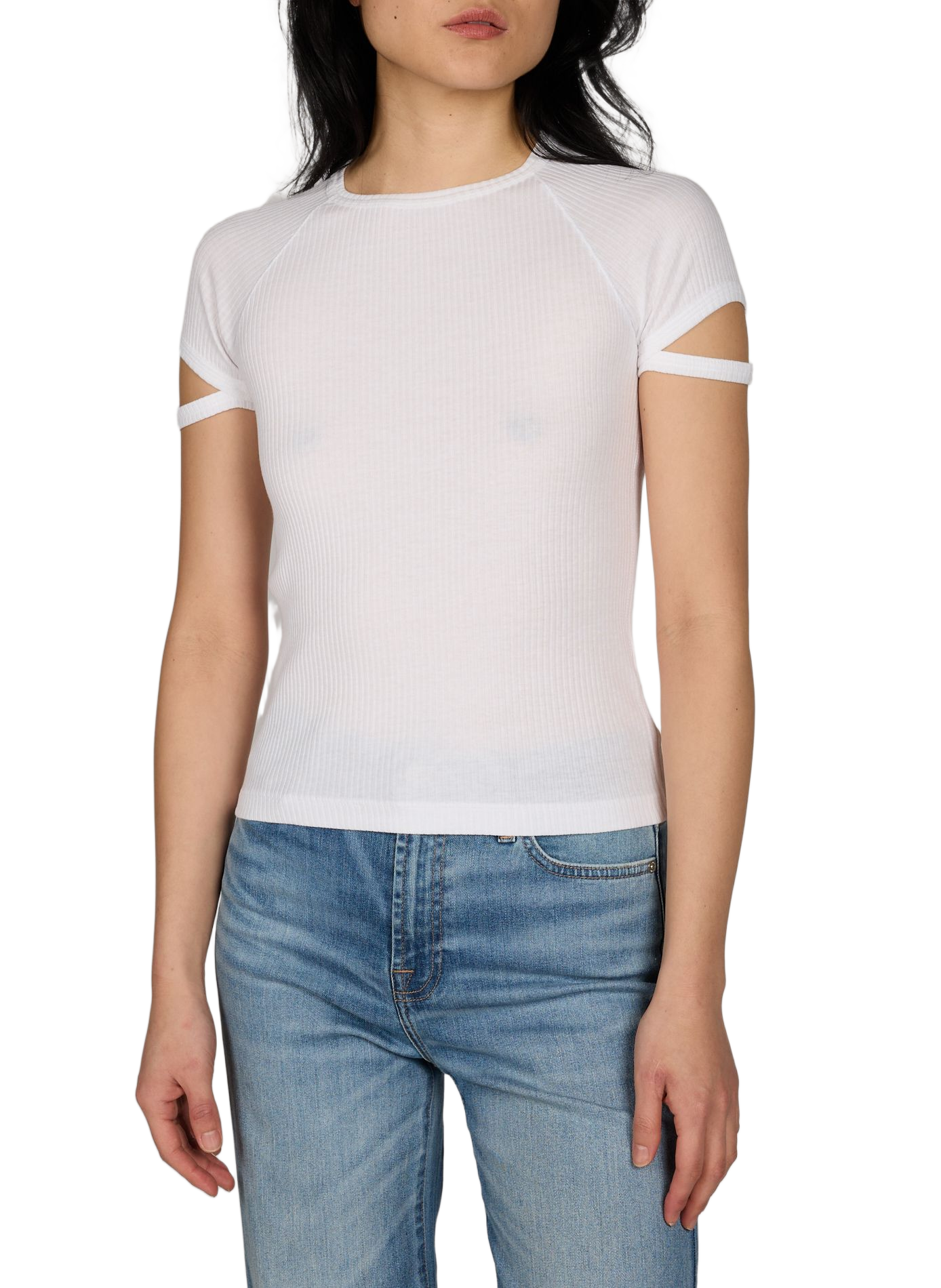 T-shirt côtelé à manches à découpe en coton mélangé HELMUT LANG Blanc