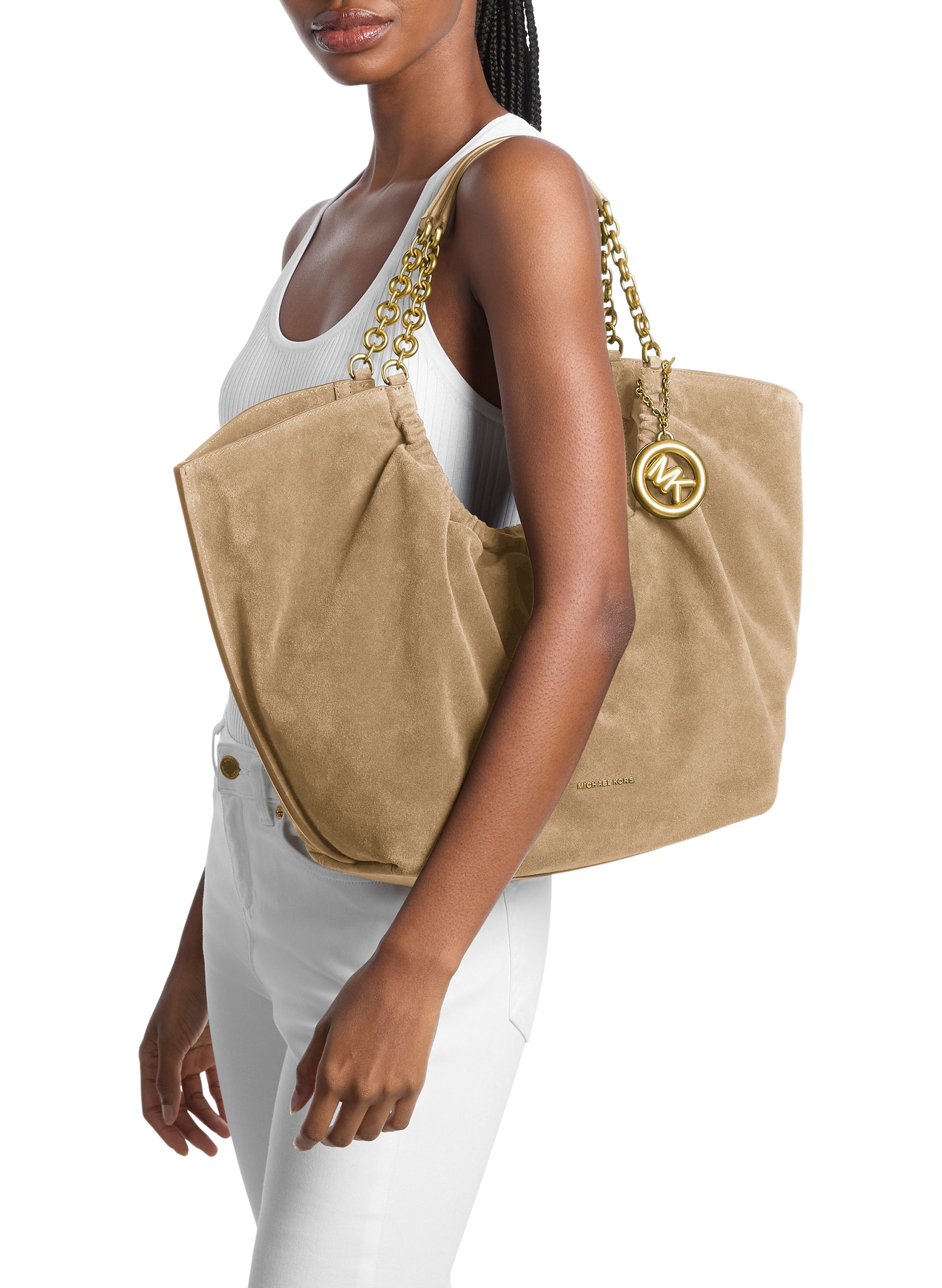 Handbag with chain detail and metallic logo in leather MICHAEL KORS Beige