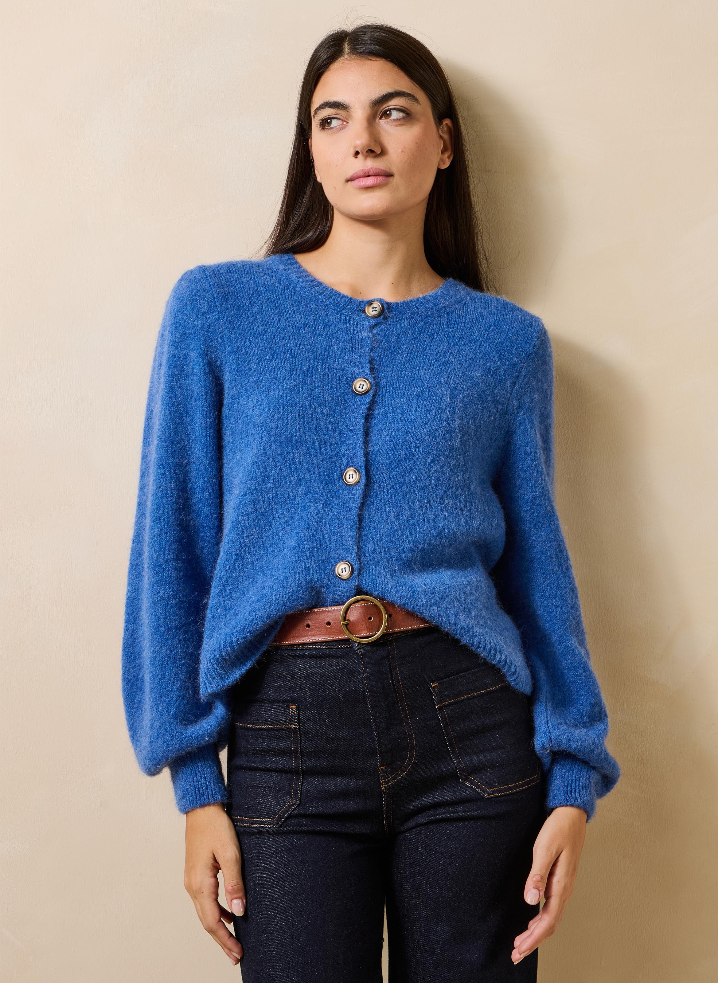 Ruimvallend vest met ronde hals in een gemengde breiwerkstof LA FEE MARABOUTEE Blauw