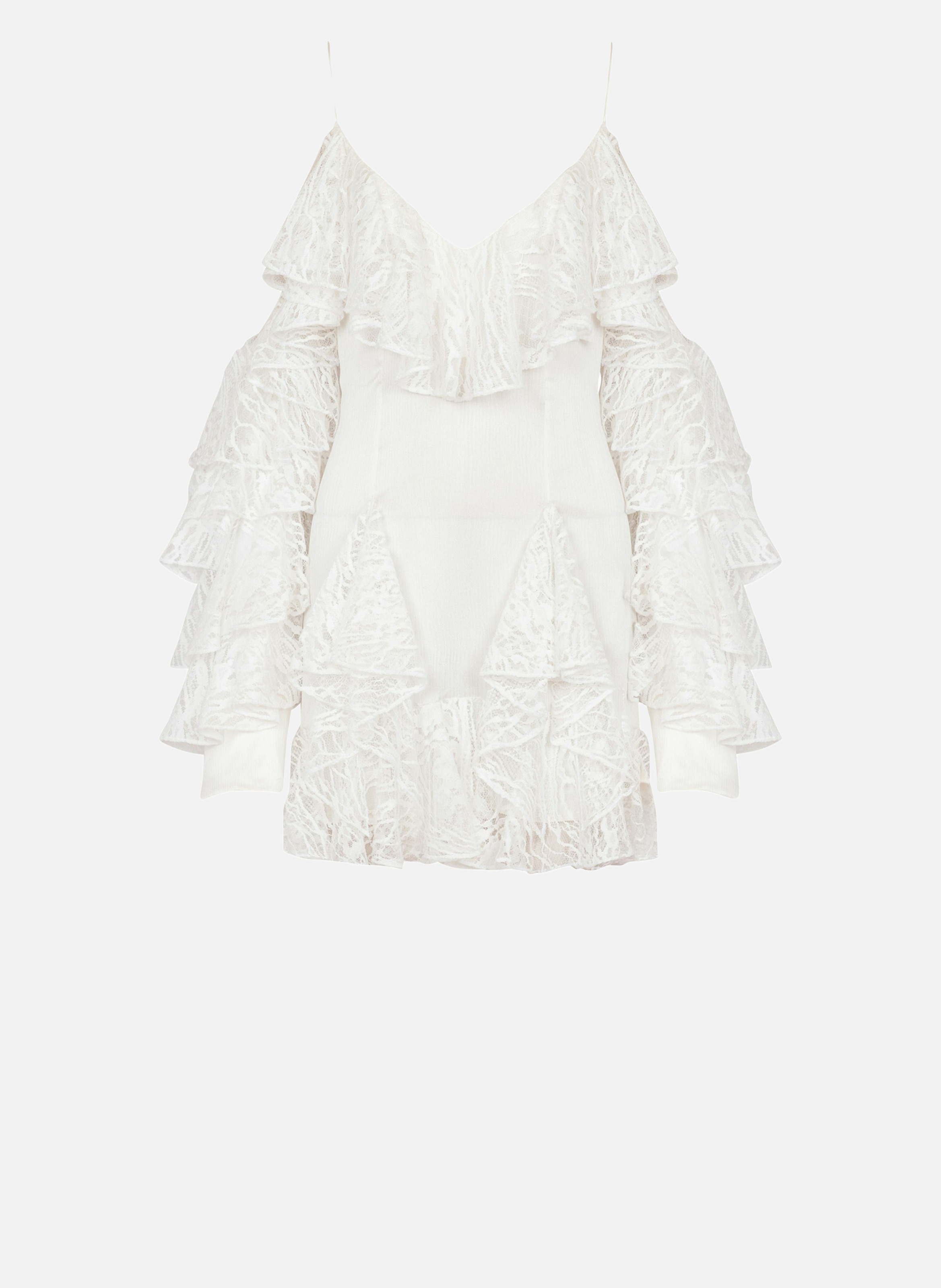 Robe fluide à volants en dentelle BALMAIN Blanc