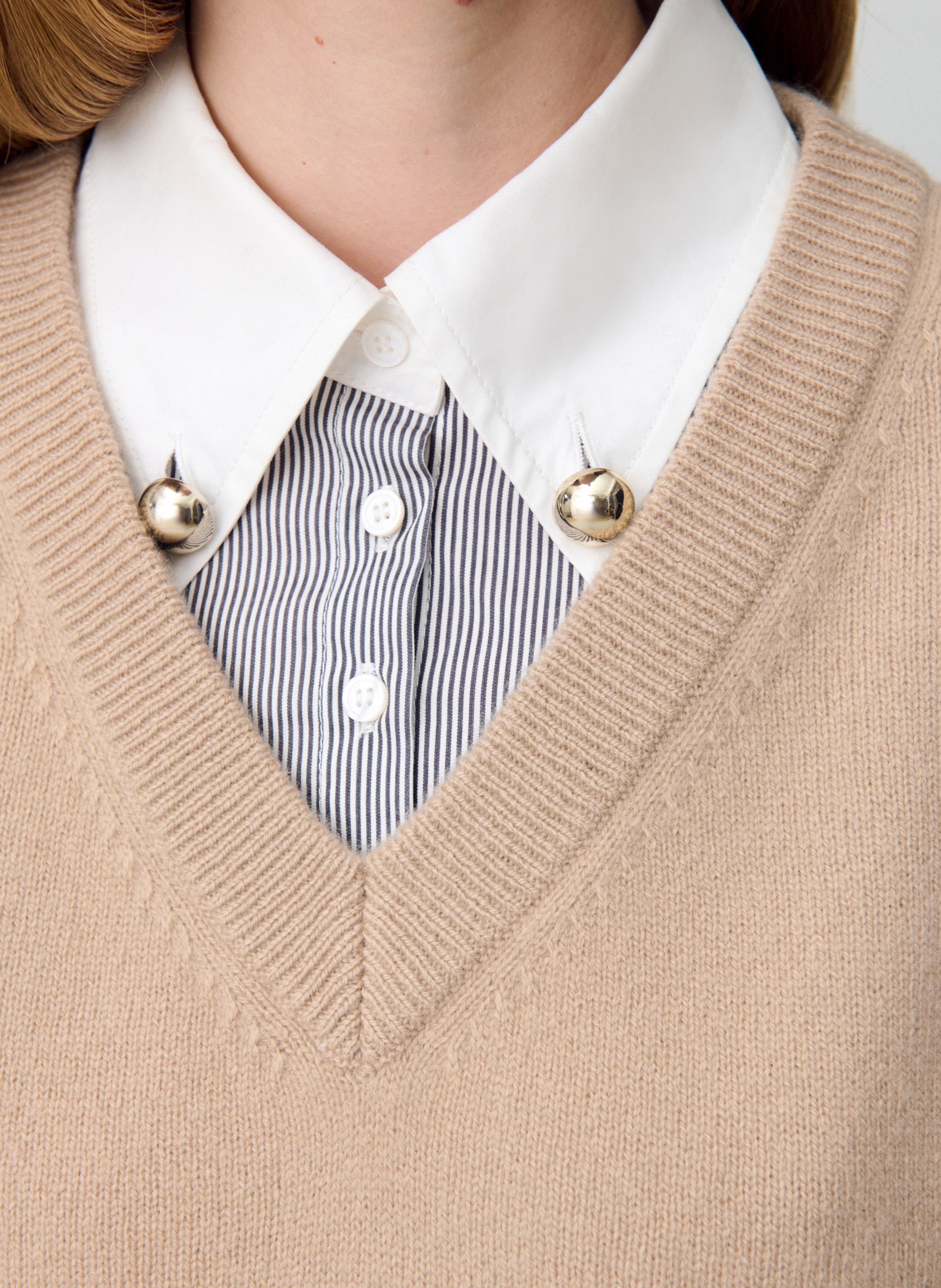 Pull col v en laine manette CLAUDIE PIERLOT Beige