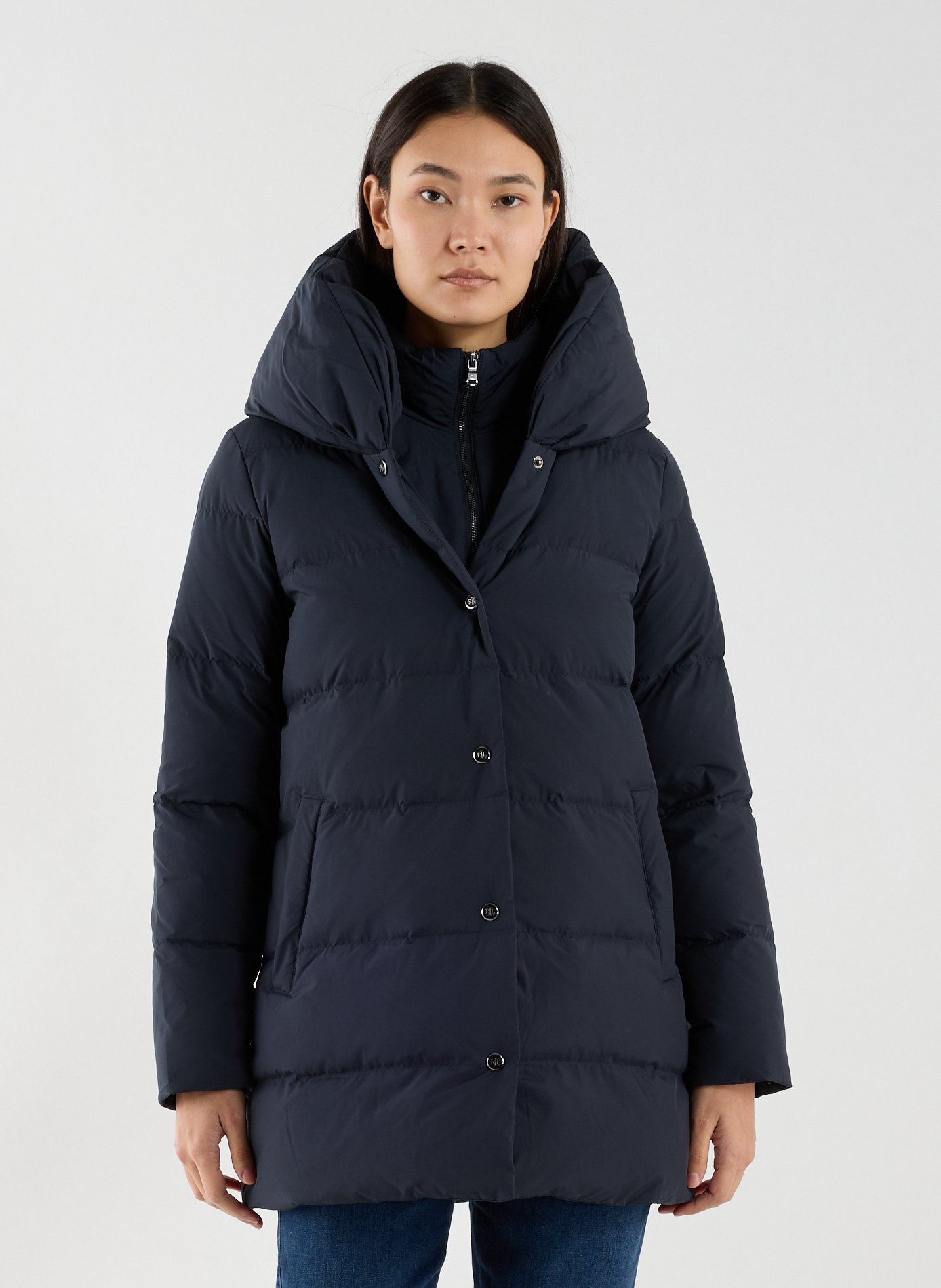 LAUREN Long quilted hooded puffer coat Blue