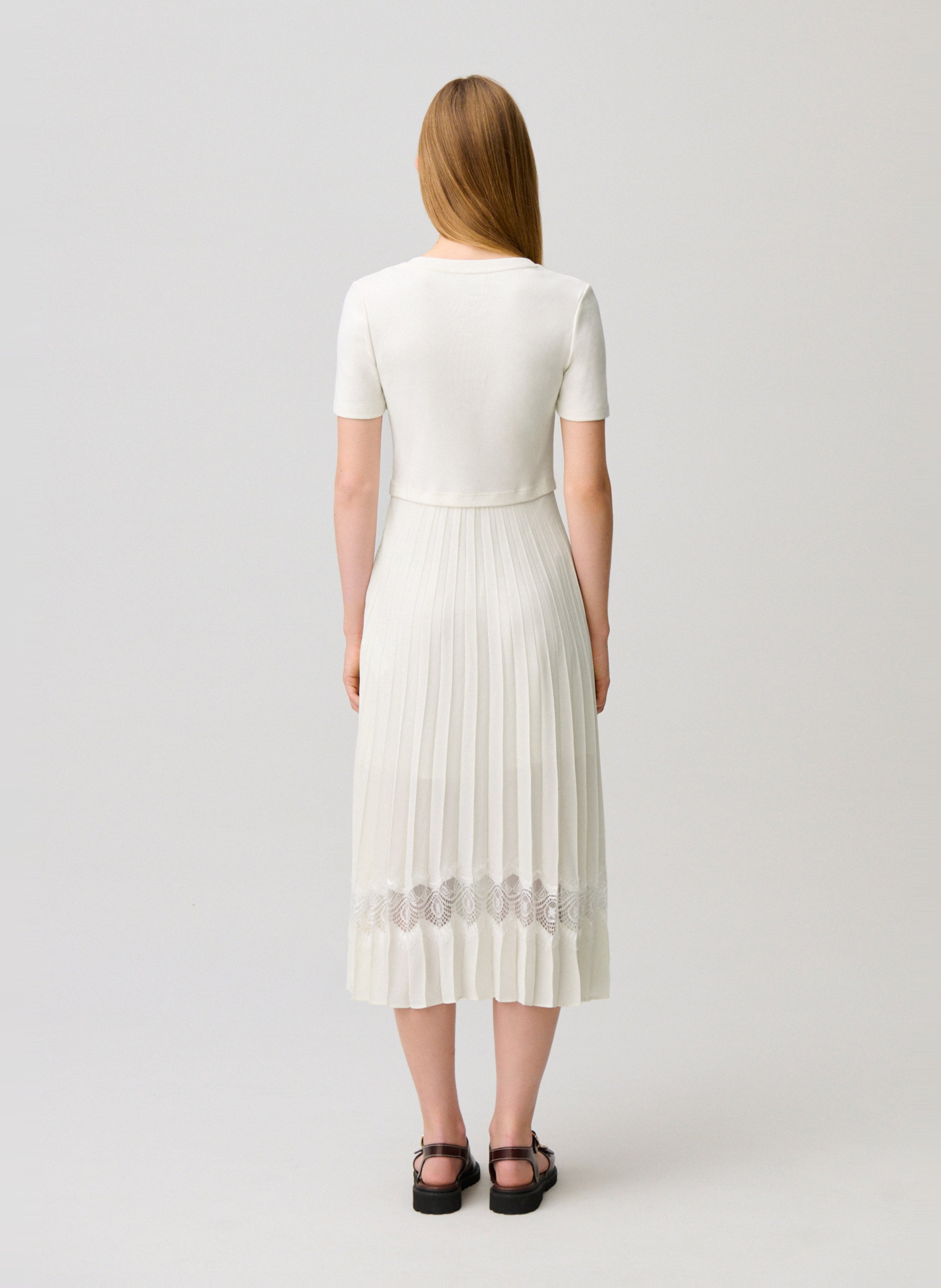 Robe midi col rond bi-matière plissée en coton CLAUDIE PIERLOT Blanc