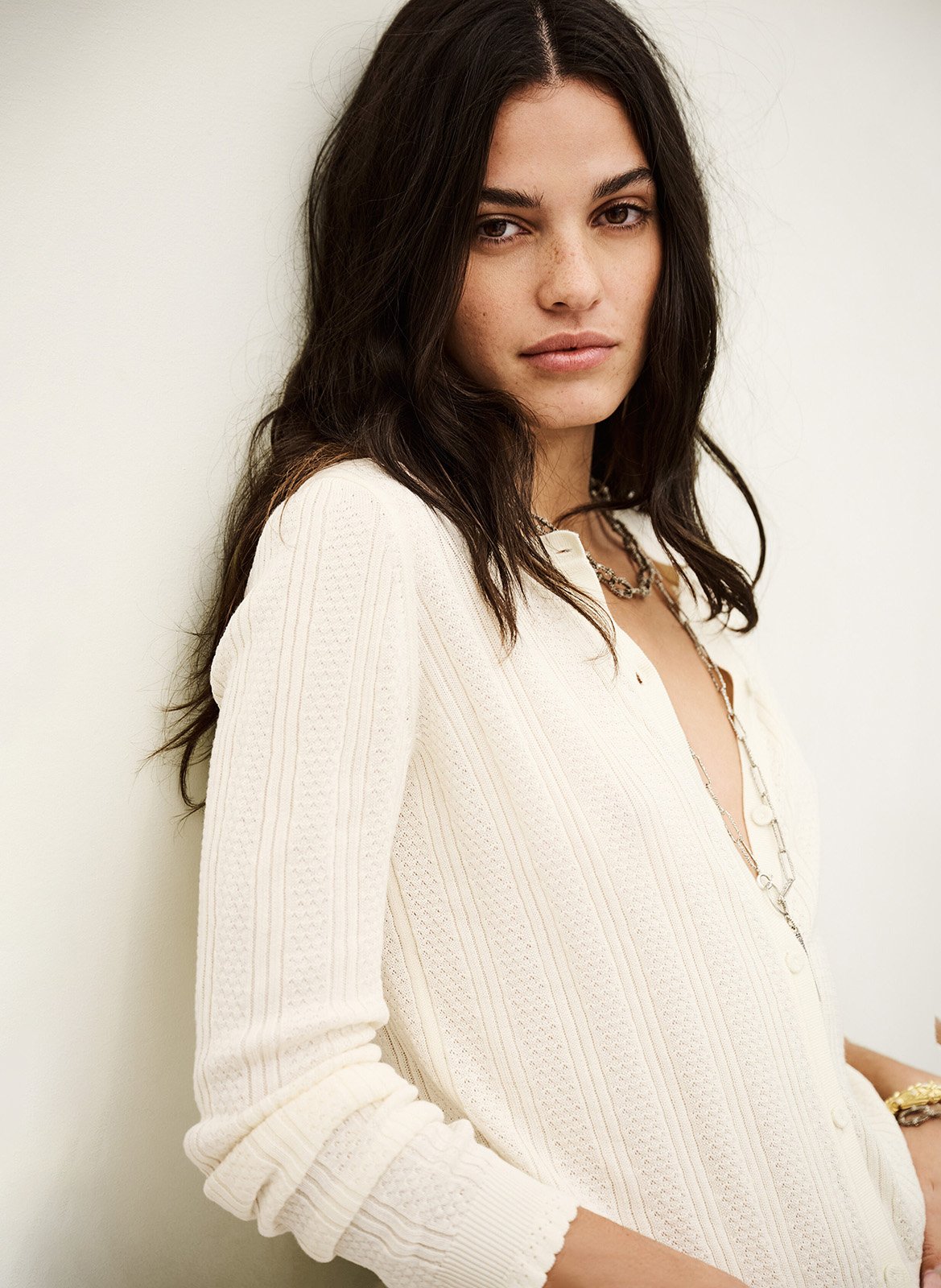 Cardigan droit col rond en maille tressée viviana BA&SH Beige