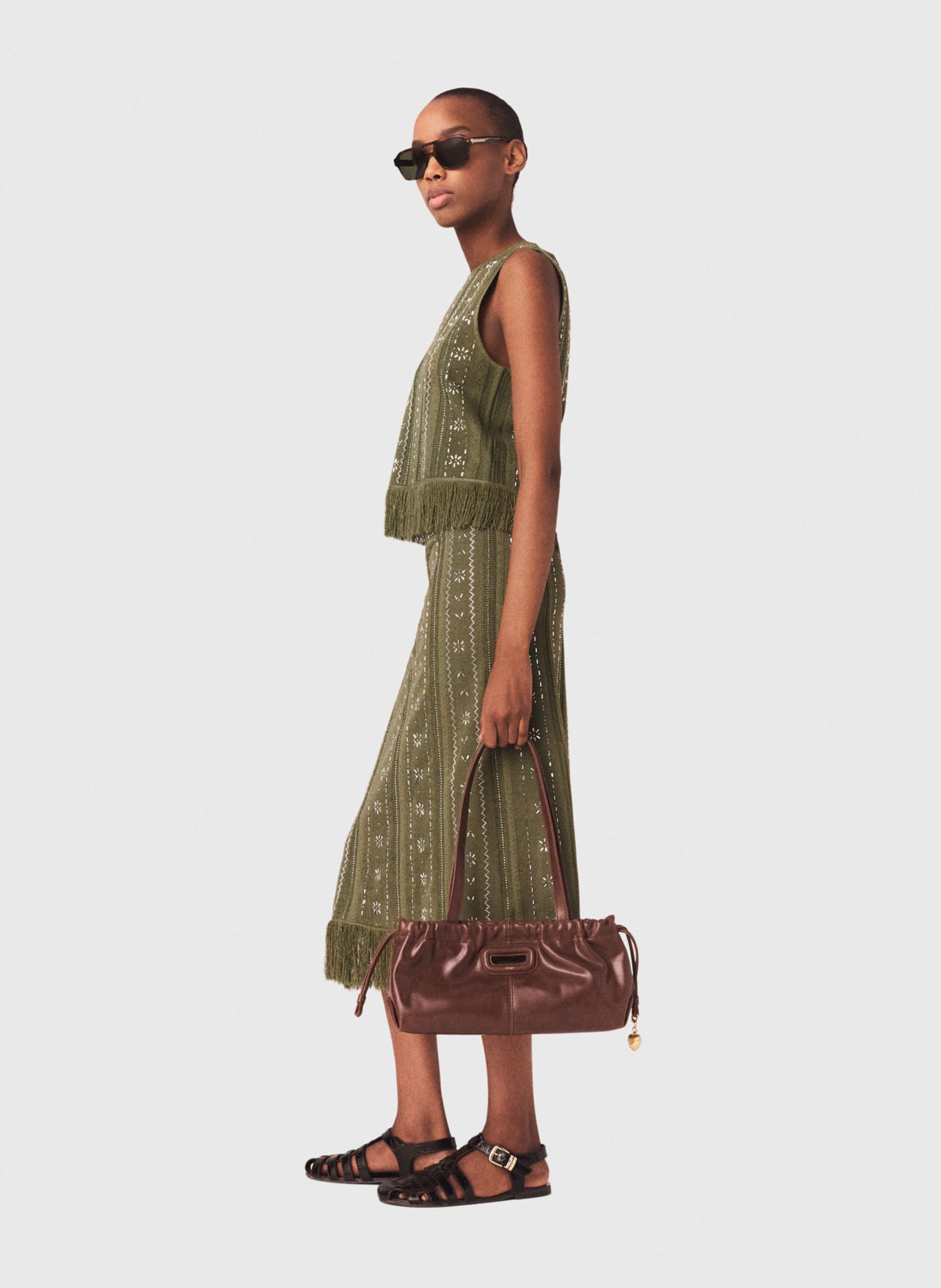 Jupe en maille avec fleurs strassé MAJE Kaki