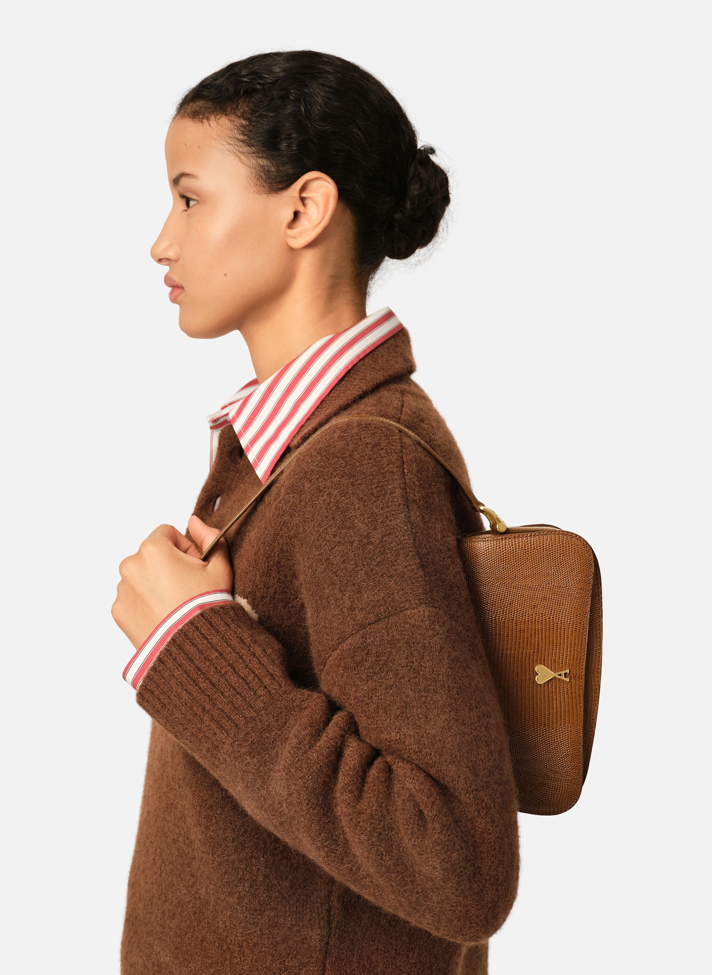 Sac porté épaule paris paris unisexe en cuir de vachette embossé lézard AMI PARIS Marron