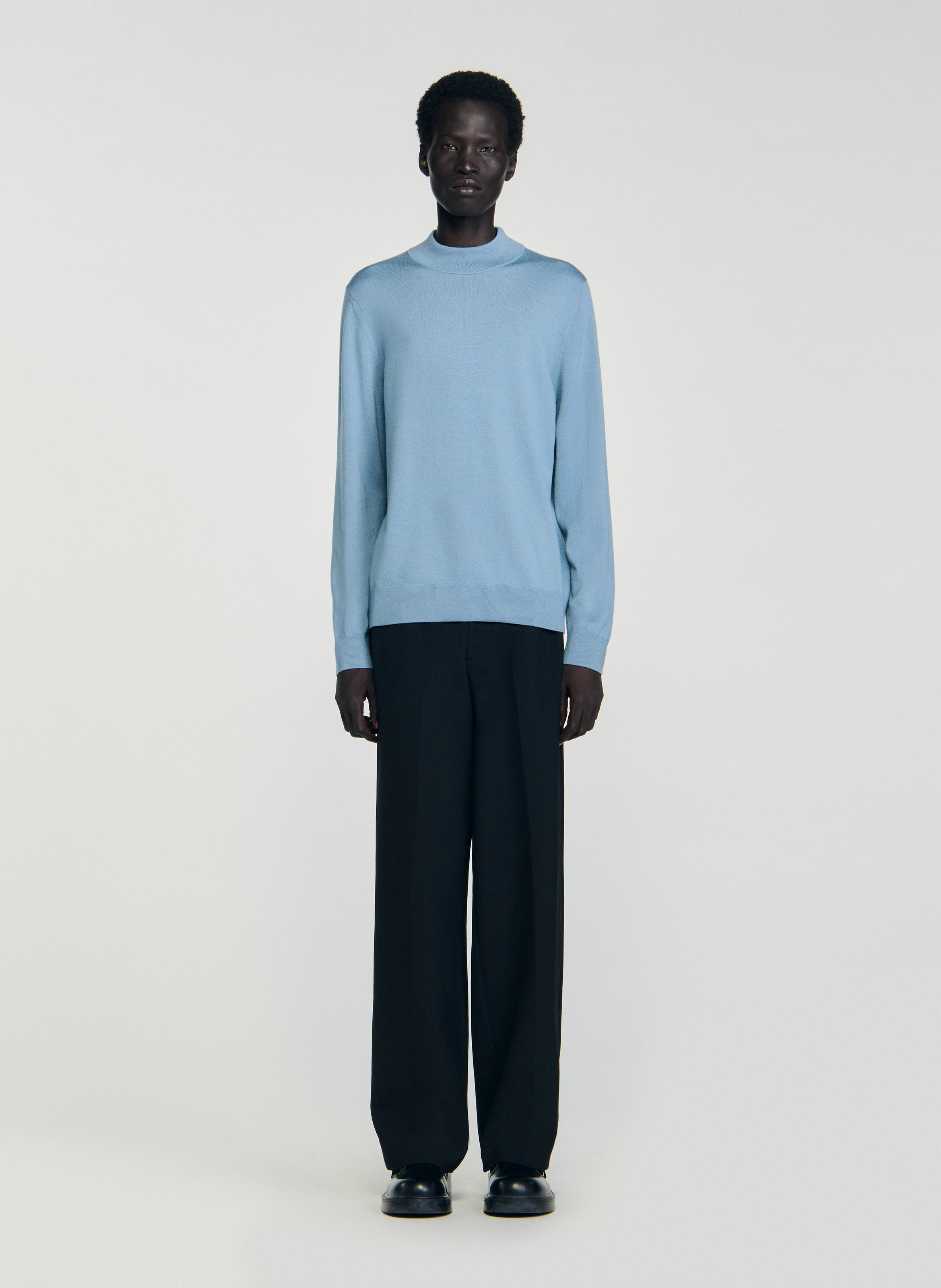 Pull droit manches longues uni en laine SANDRO Bleu