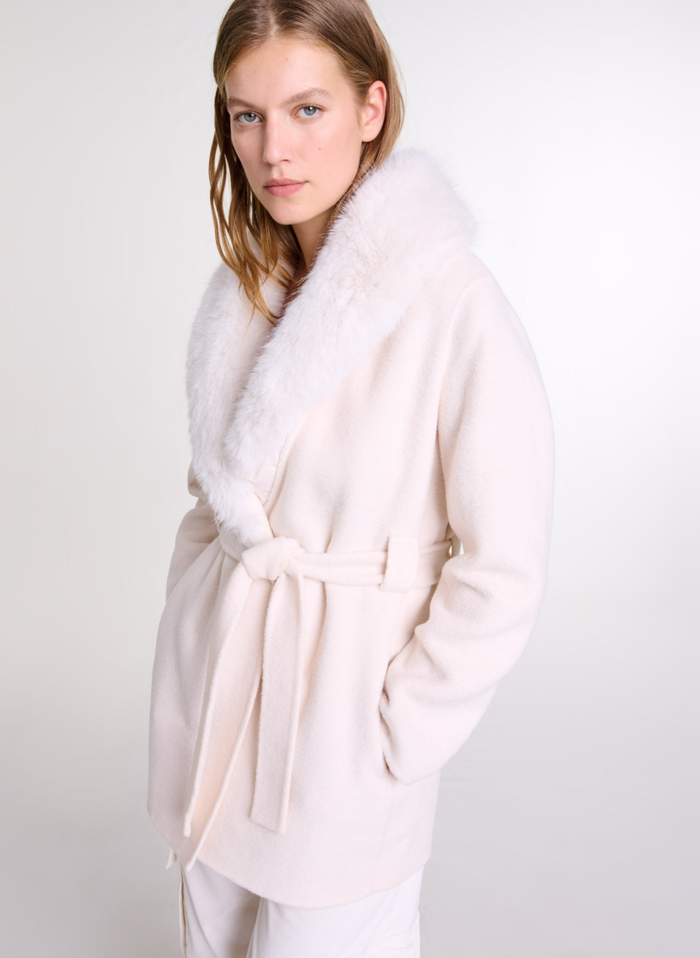 Manteau cintré col châle en laine mélangée MAJE Beige