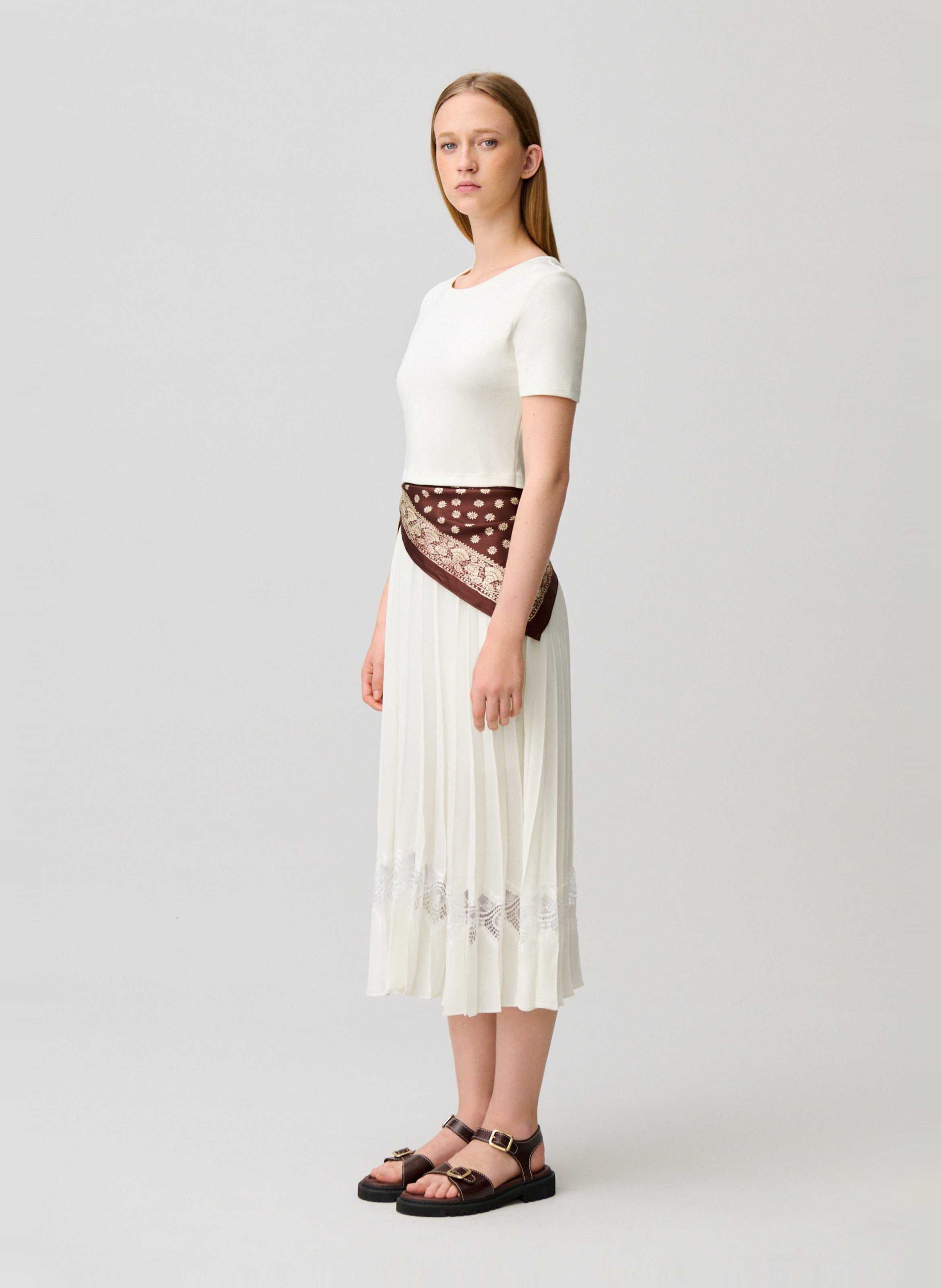 Robe midi col rond bi-matière plissée en coton CLAUDIE PIERLOT Blanc