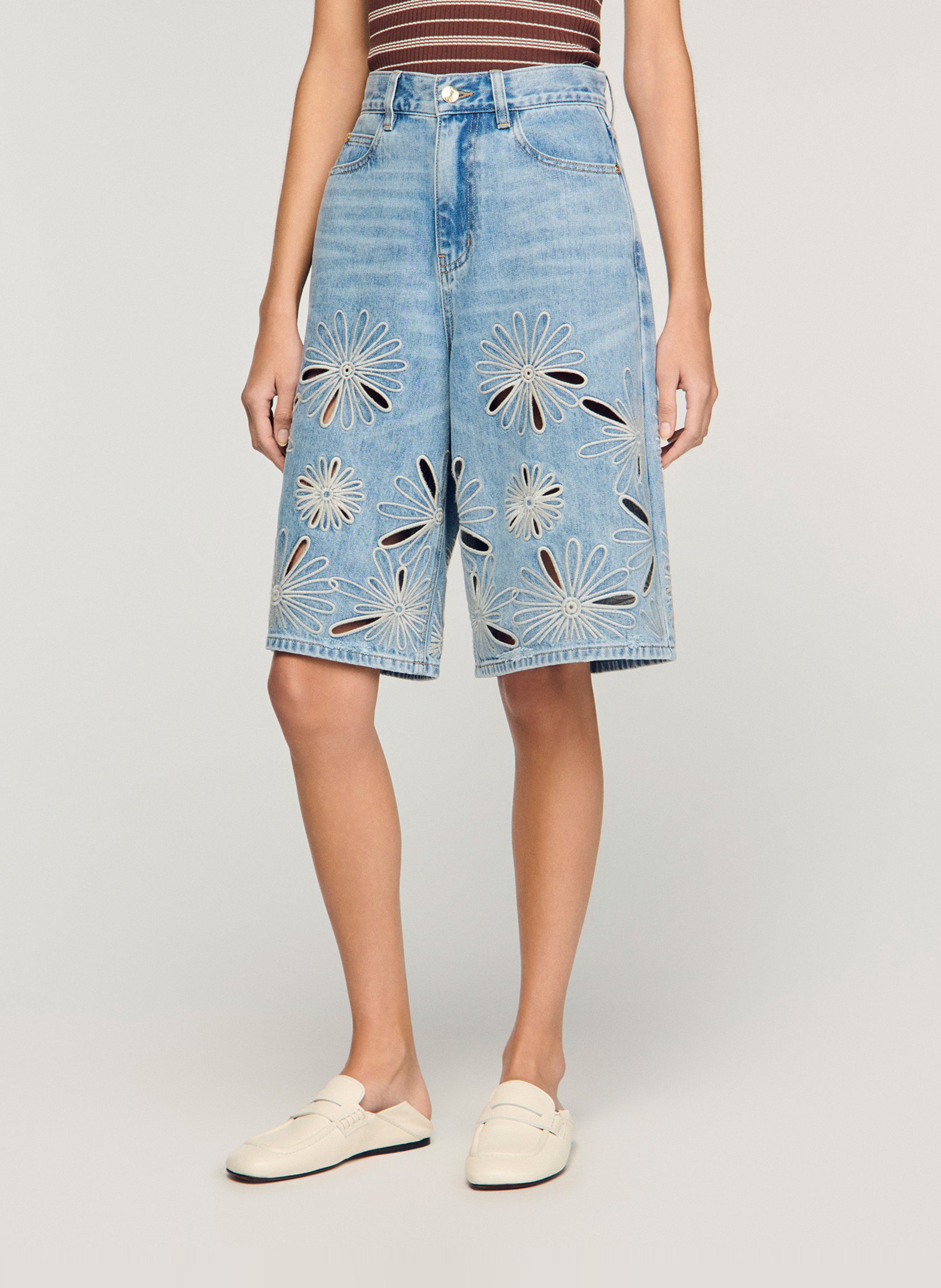 Short droit en coton brodé SANDRO Bleu