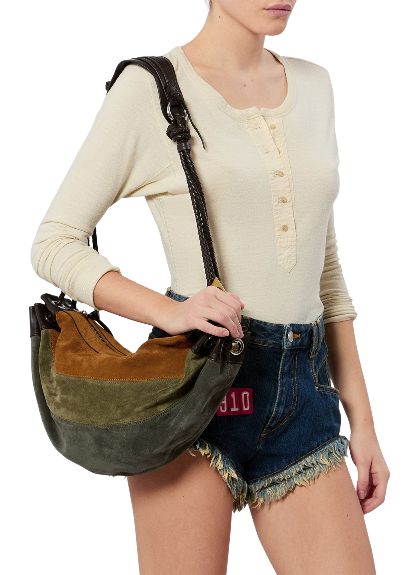 Maia Medium patchwork shoulder bag in suede calf leather ISABEL MARANT Khaki