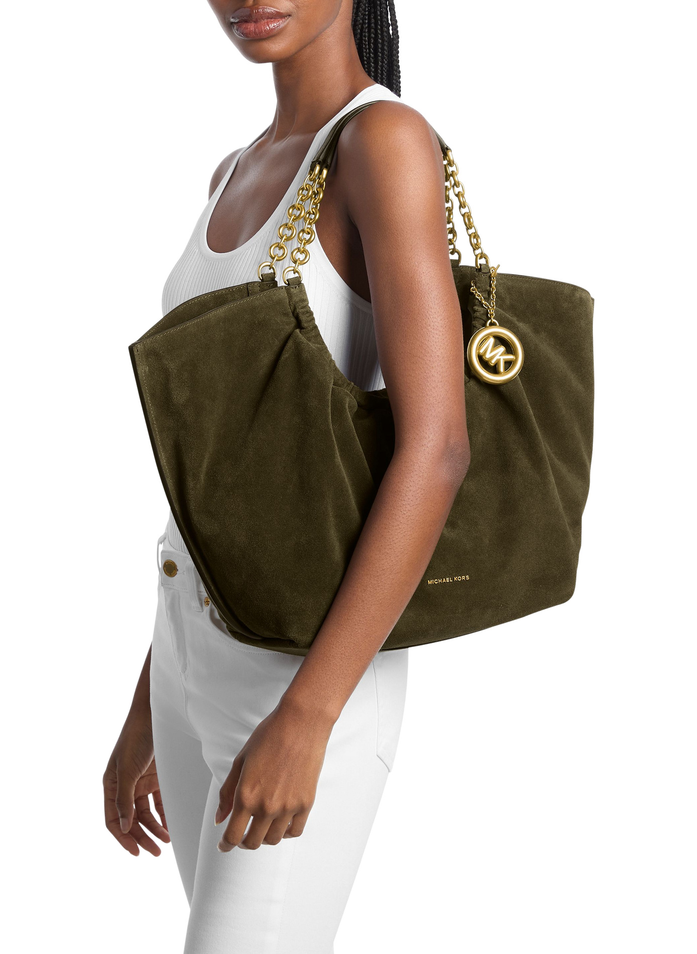 Handbag with chain detail and metallic logo in leather MICHAEL KORS Brown