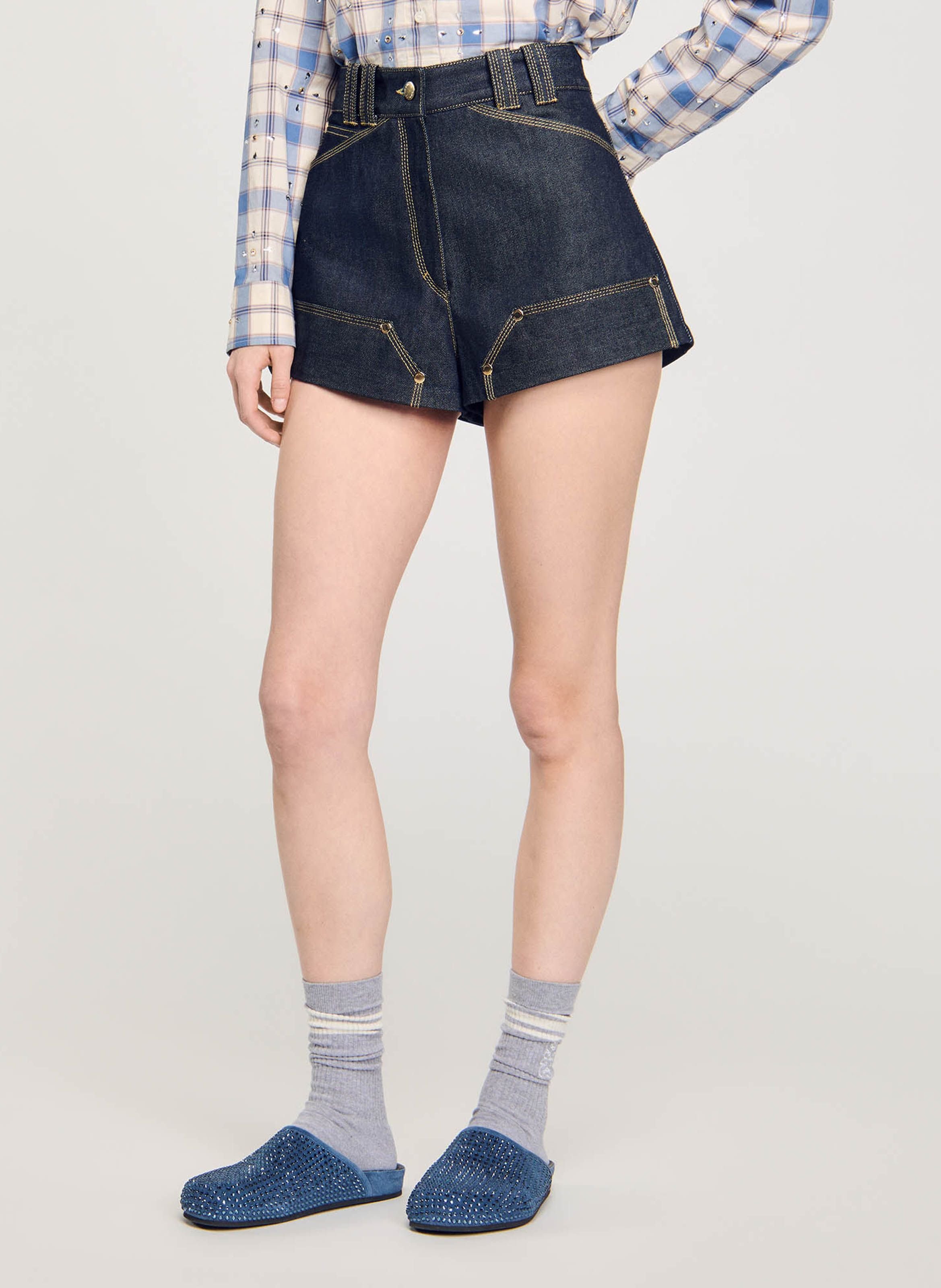 Short Court En Jean Femme Avec Bandana Amovible - Fermeture Boutonnée Et Zip, 4 Poches - Code V851