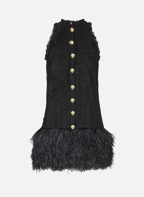 Robe fluide en dentelles et plumes Noir by BALMAIN BALMAIN Robe fluide en dentelles et plumes Noir