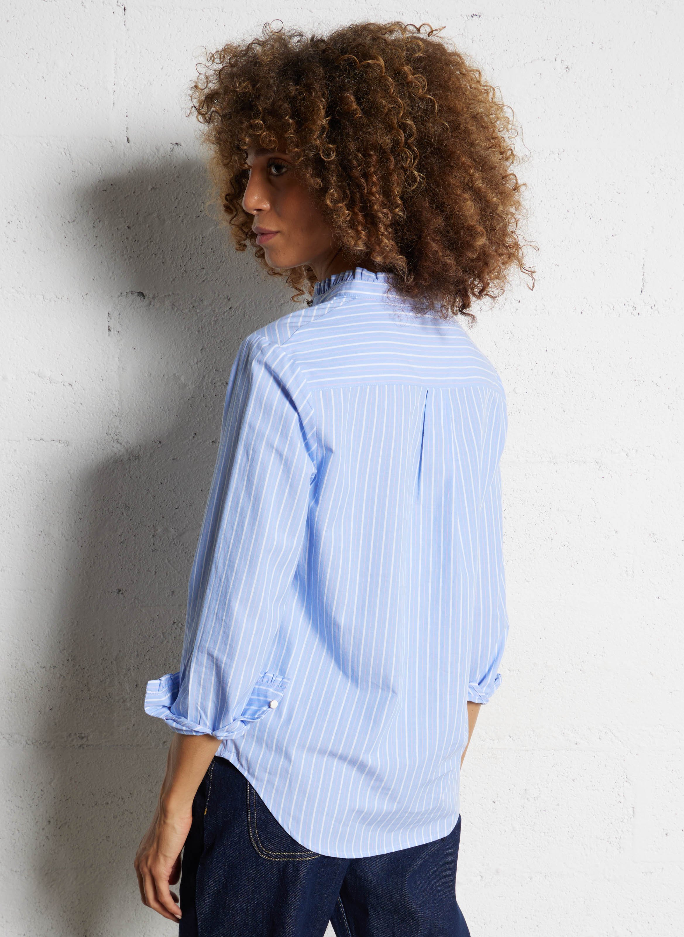 Chemise col rond volanté à rayures ARMOR-LUX Bleu