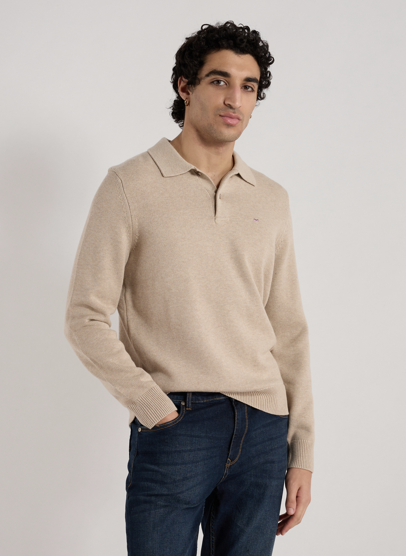 Pull col polo en laine et coton EDEN PARK Beige