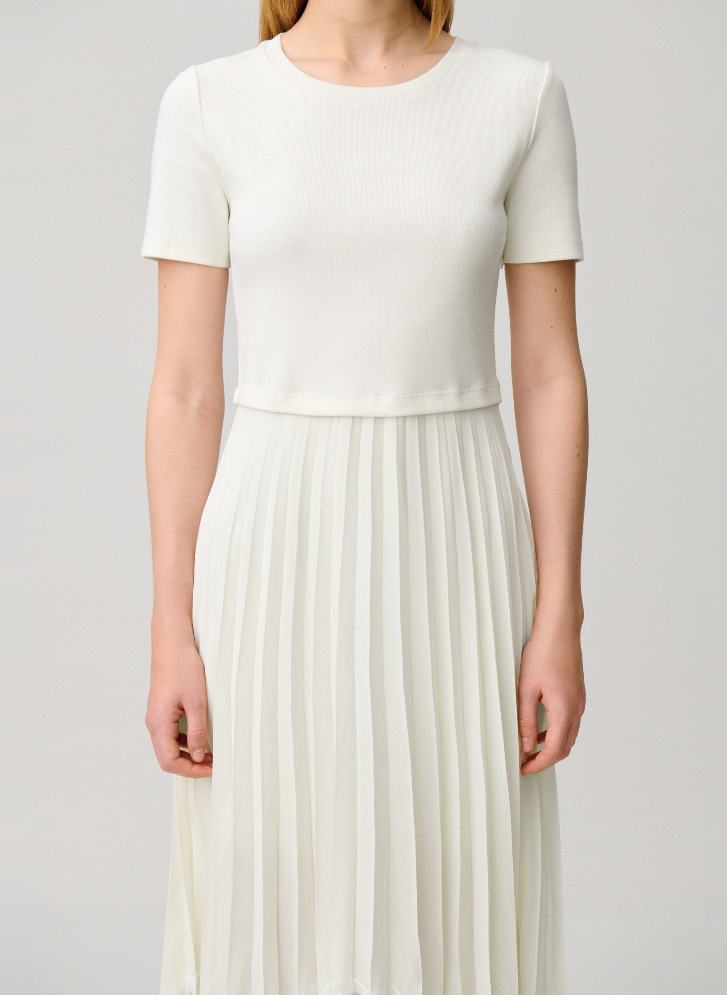 Robe midi col rond bi-matière plissée en coton CLAUDIE PIERLOT Blanc