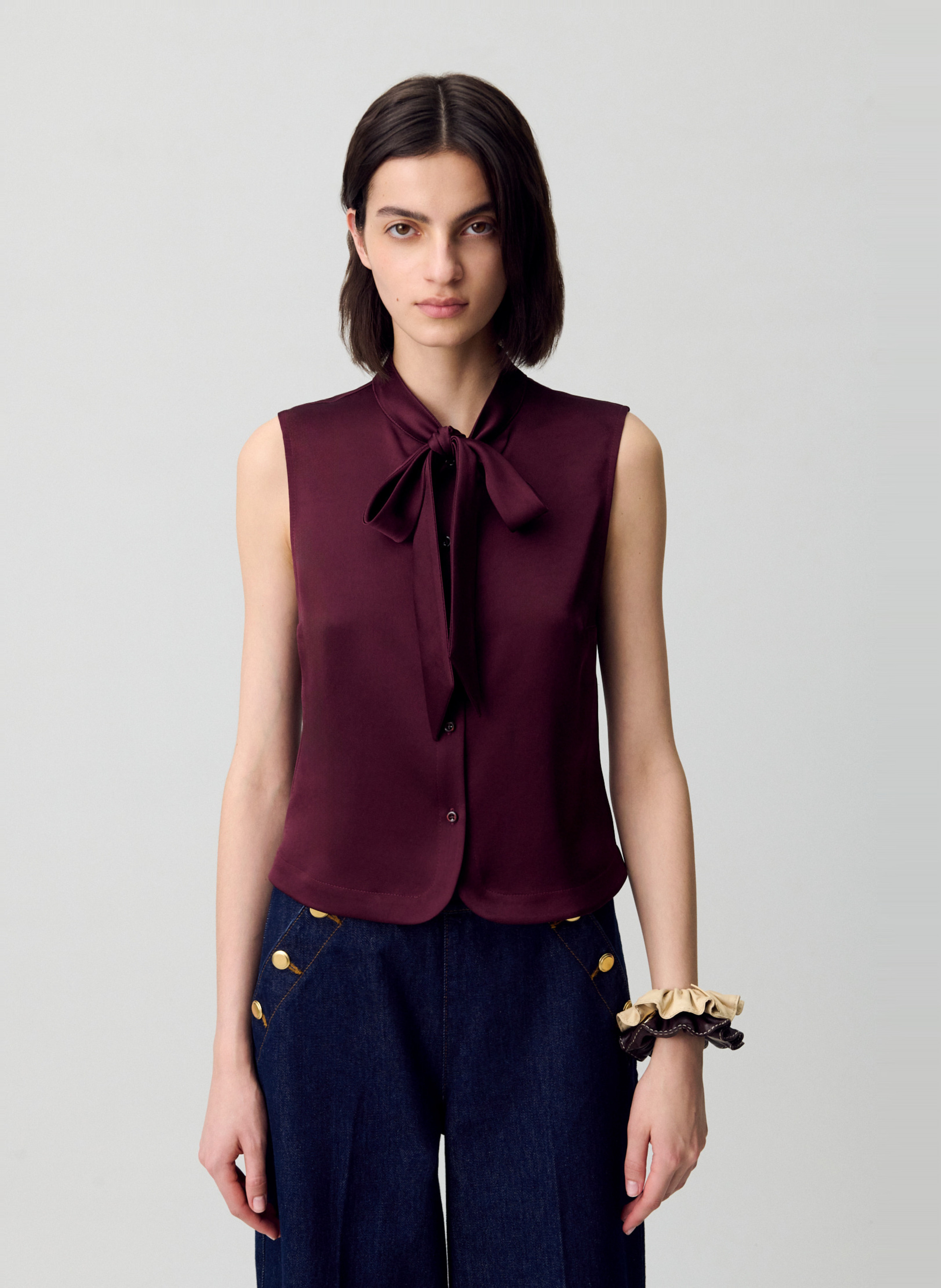 Chemise sans manches col lavallière satinée bertinater CLAUDIE PIERLOT Rouge