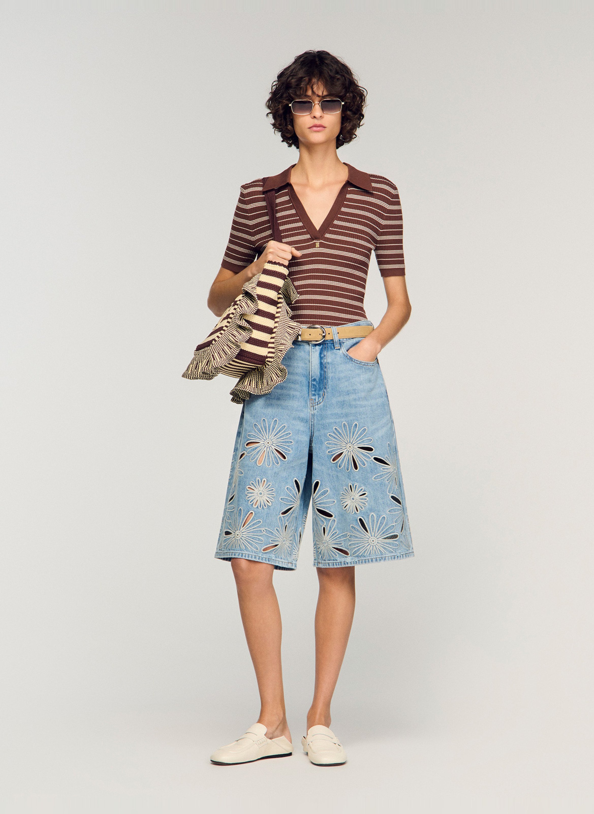 Short droit en coton brodé SANDRO Bleu