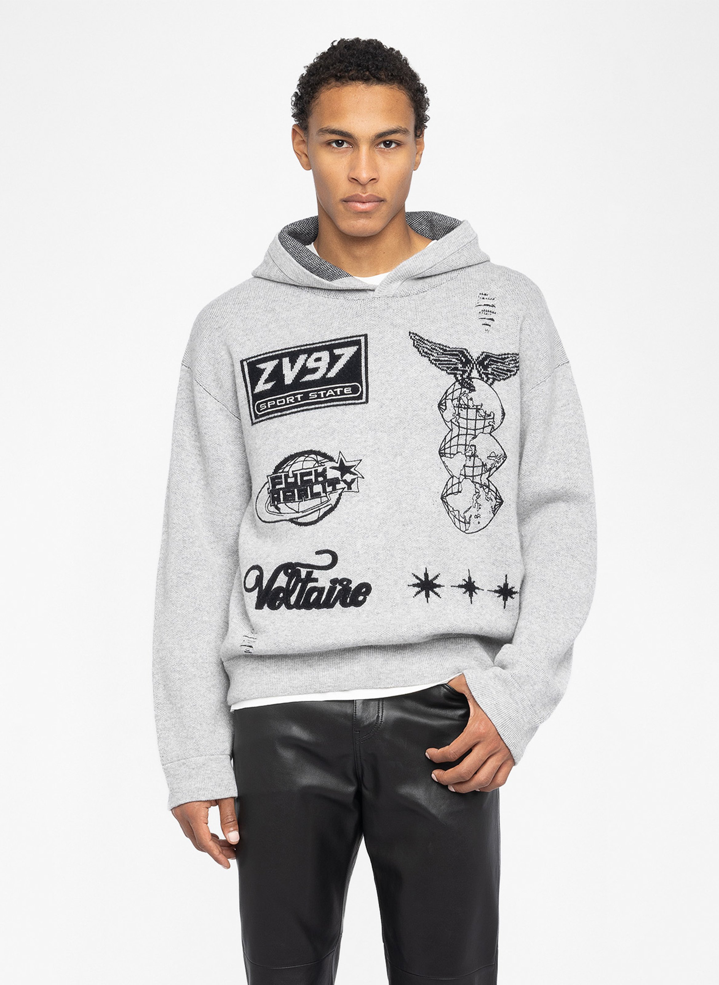 Embroidered wool and cashmere straight-cut hoodie Malay. ZADIG&VOLTAIRE Grey