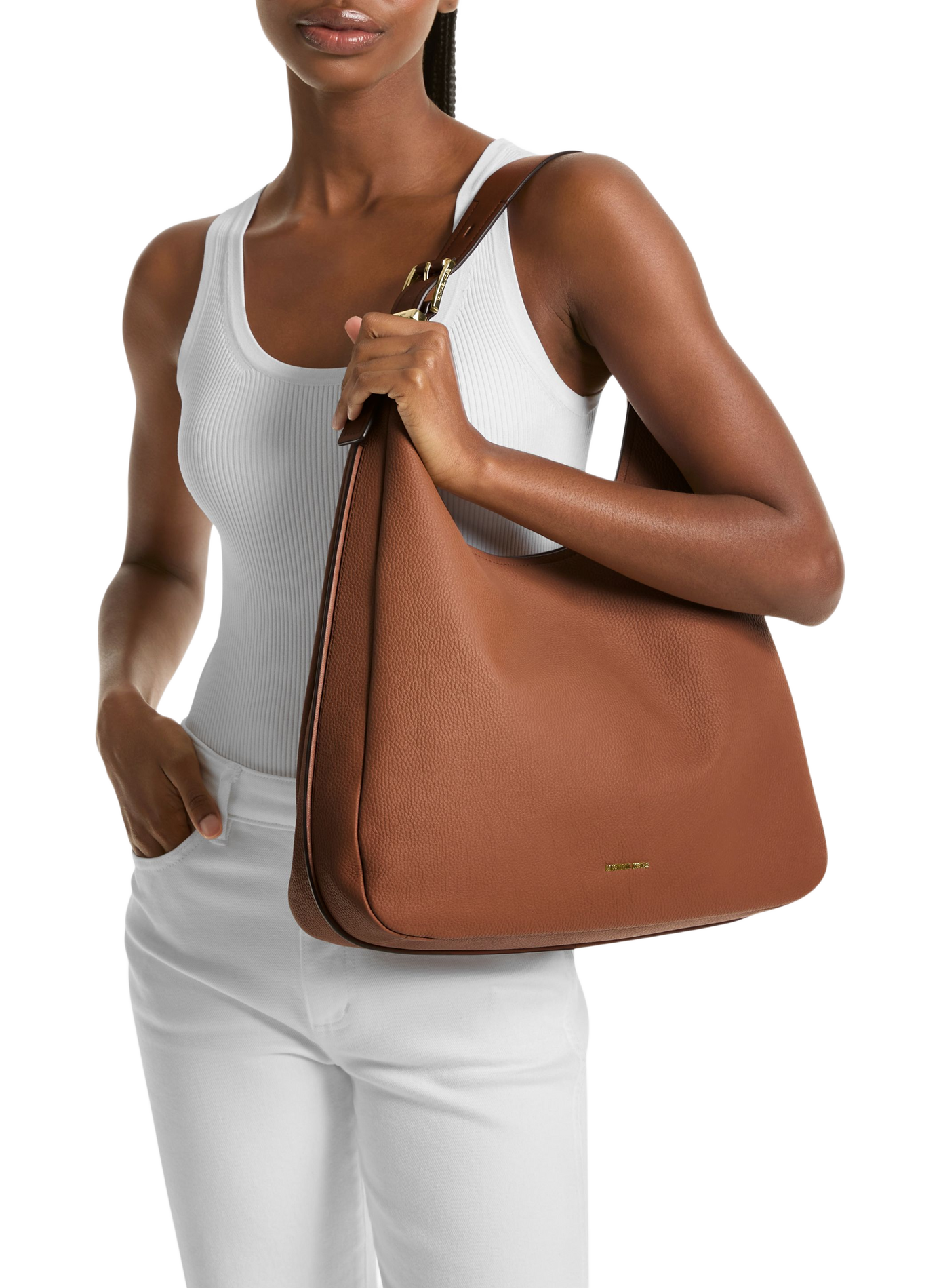 Adjustable plain leather handbag with metallic logo MICHAEL KORS Brown