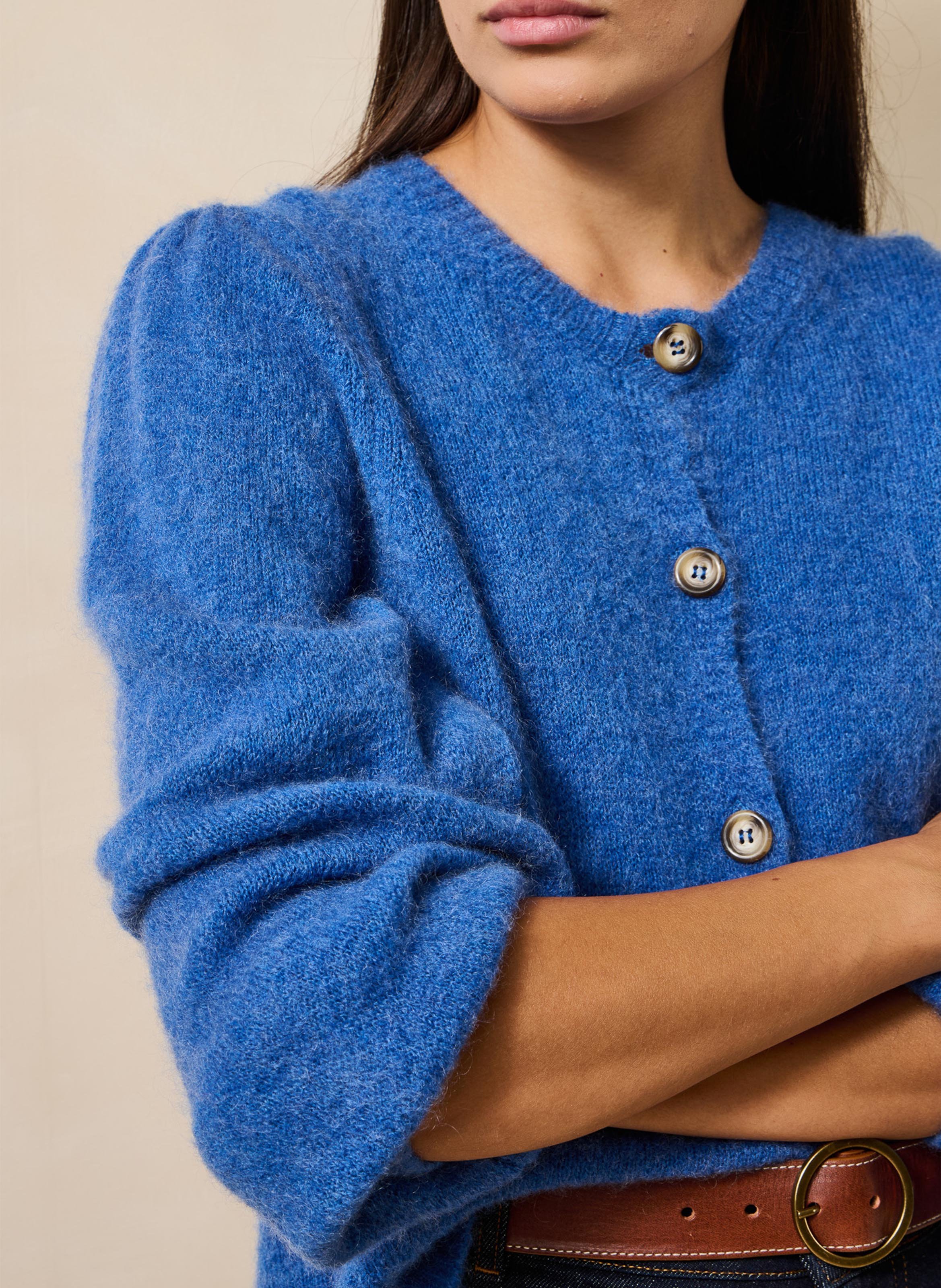 Ruimvallend vest met ronde hals in een gemengde breiwerkstof LA FEE MARABOUTEE Blauw