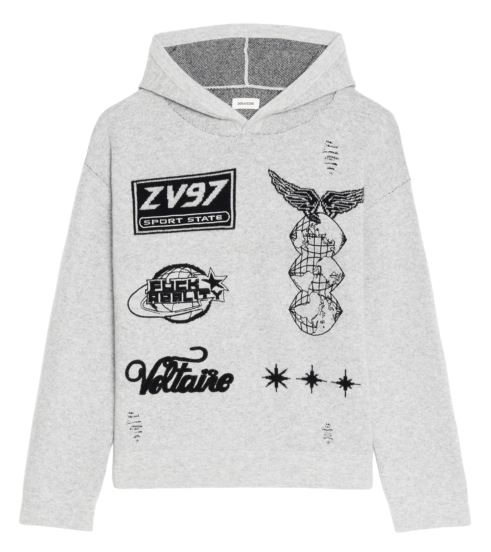 Embroidered wool and cashmere straight-cut hoodie Malay. ZADIG&VOLTAIRE Grey