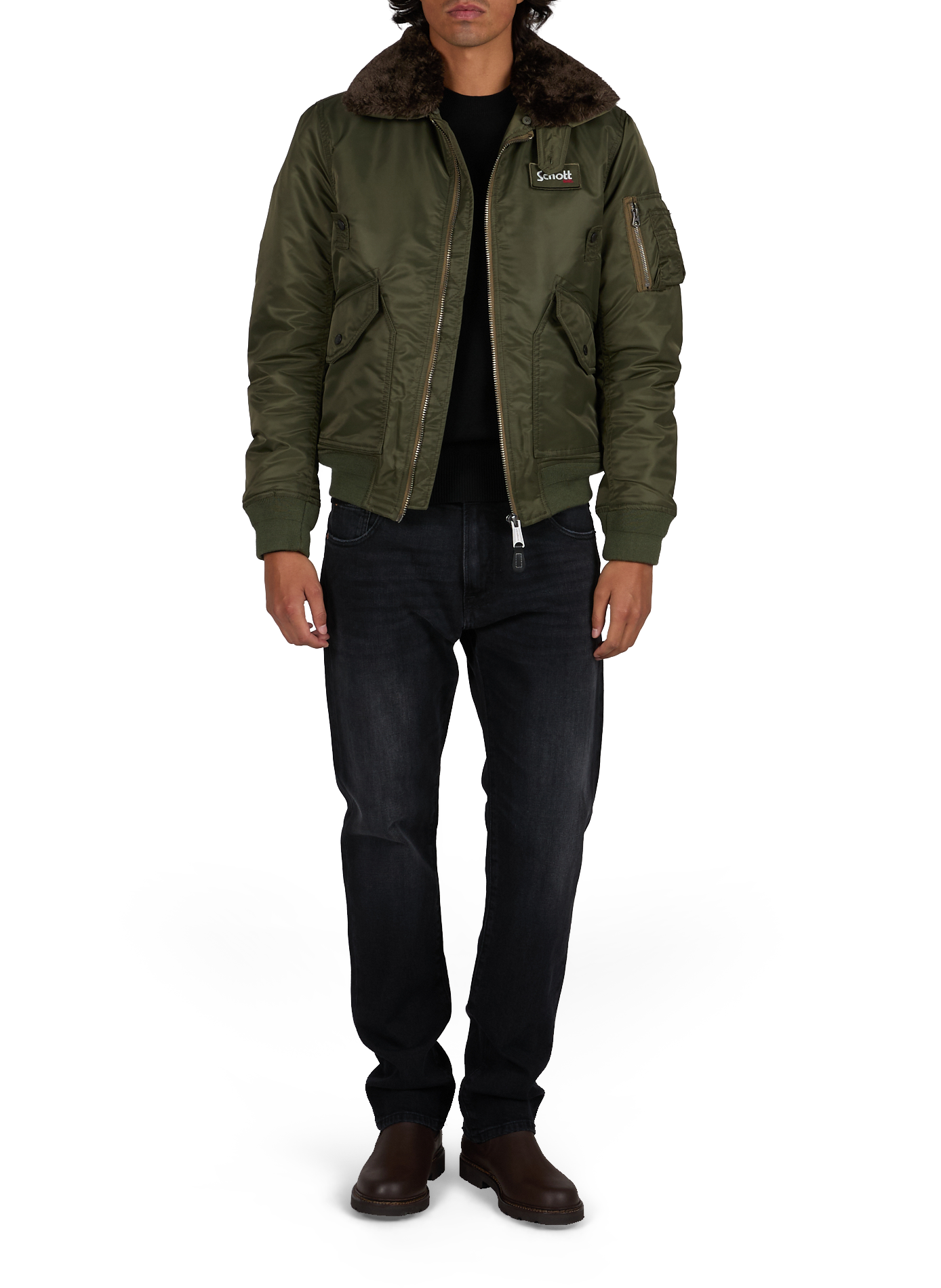 Bomber uni droit à logo  SCHOTT Kaki