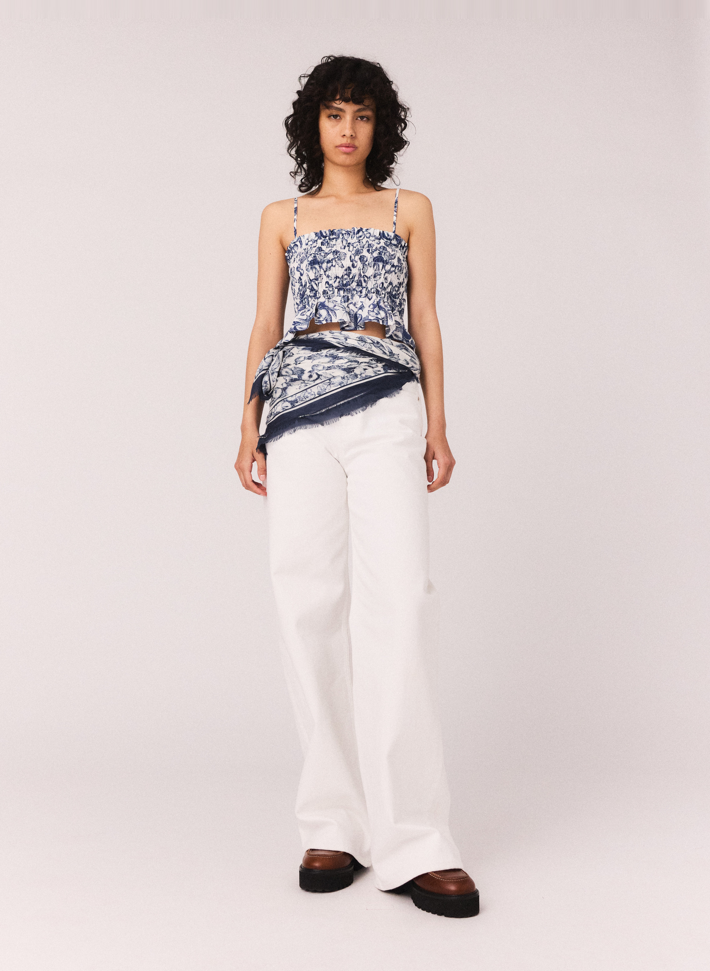 Top ajusté en coton imprimé Bleu