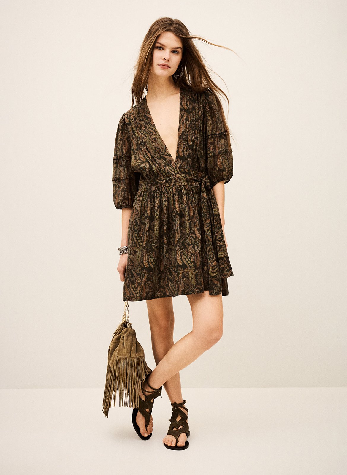 Robe courte cintrée col v imprimée teodora BA&SH Kaki