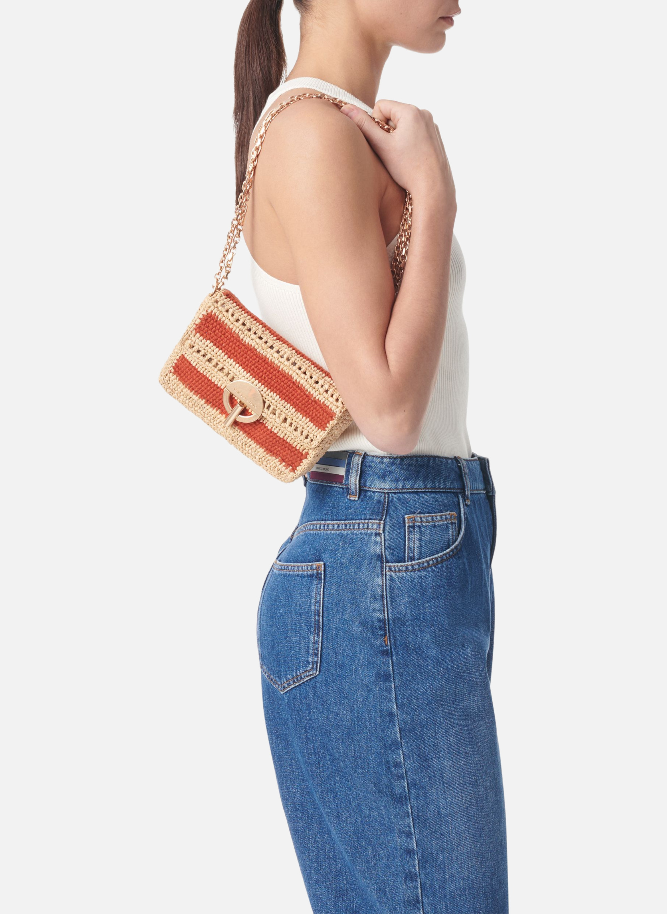 Petit sac moon en raphia et coton VANESSA BRUNO Orange