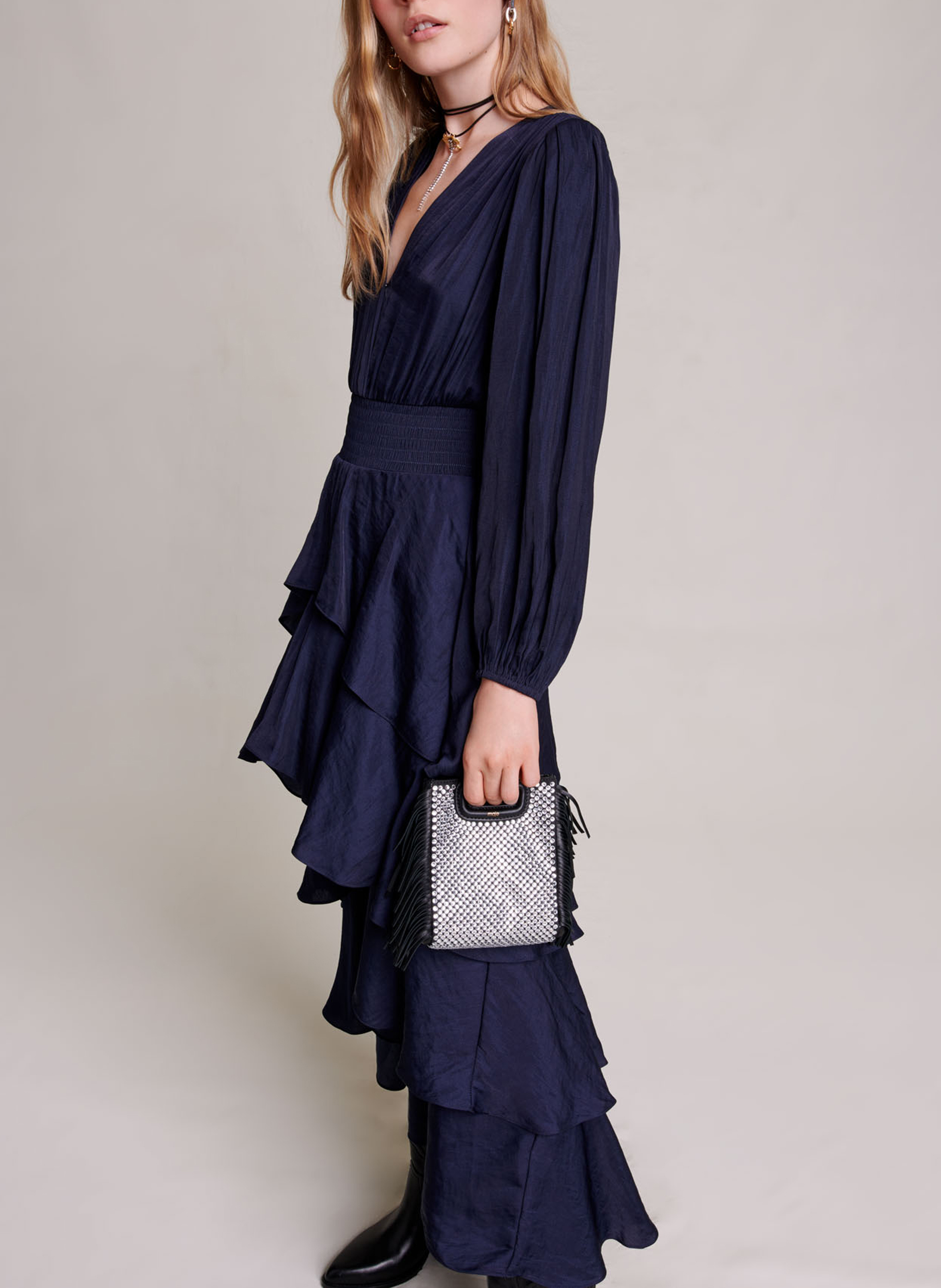 Robe longue col v à volants MAJE Bleu