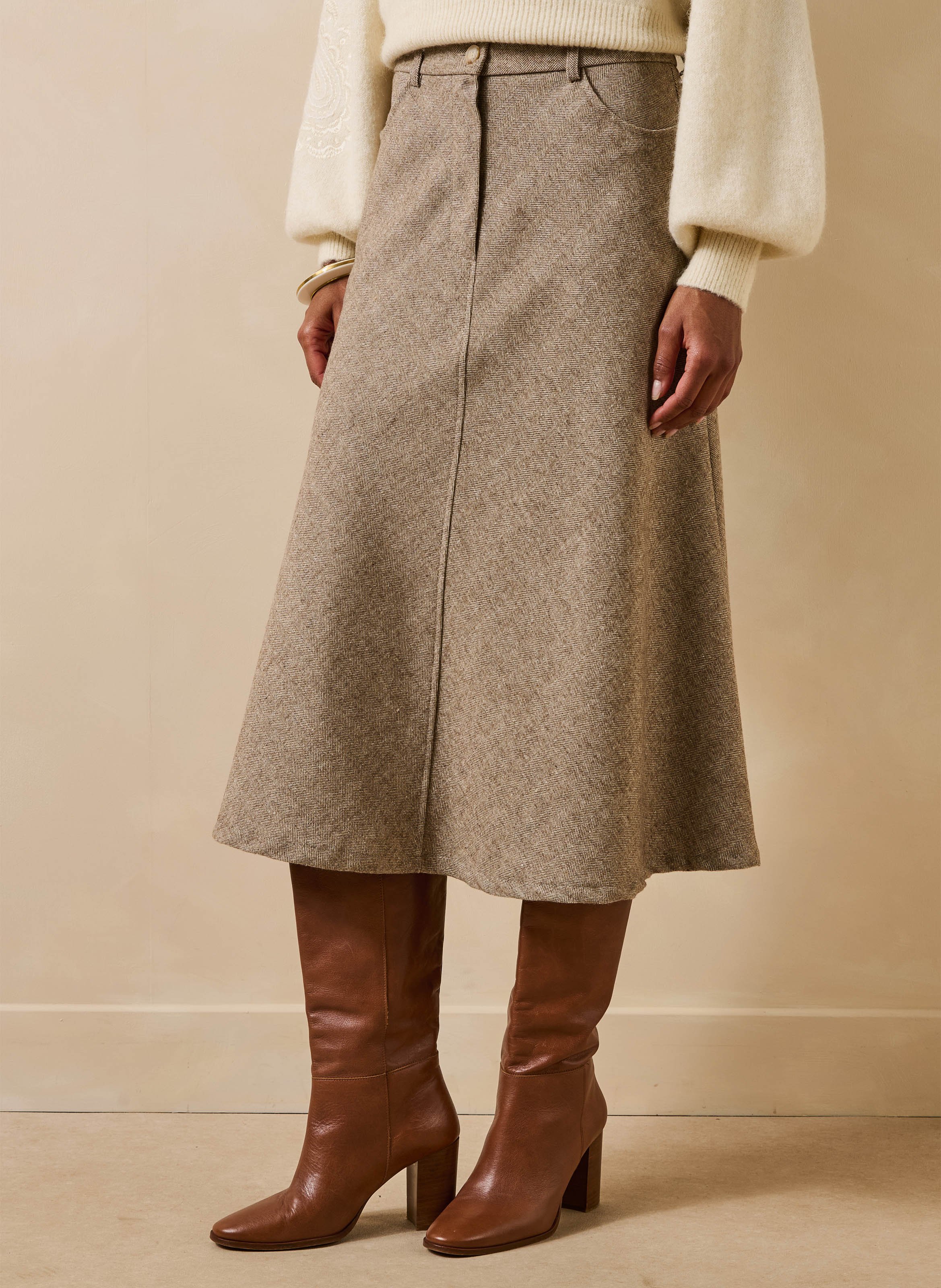 Midi-rok in A-lijn van tweed LA FEE MARABOUTEE Beige