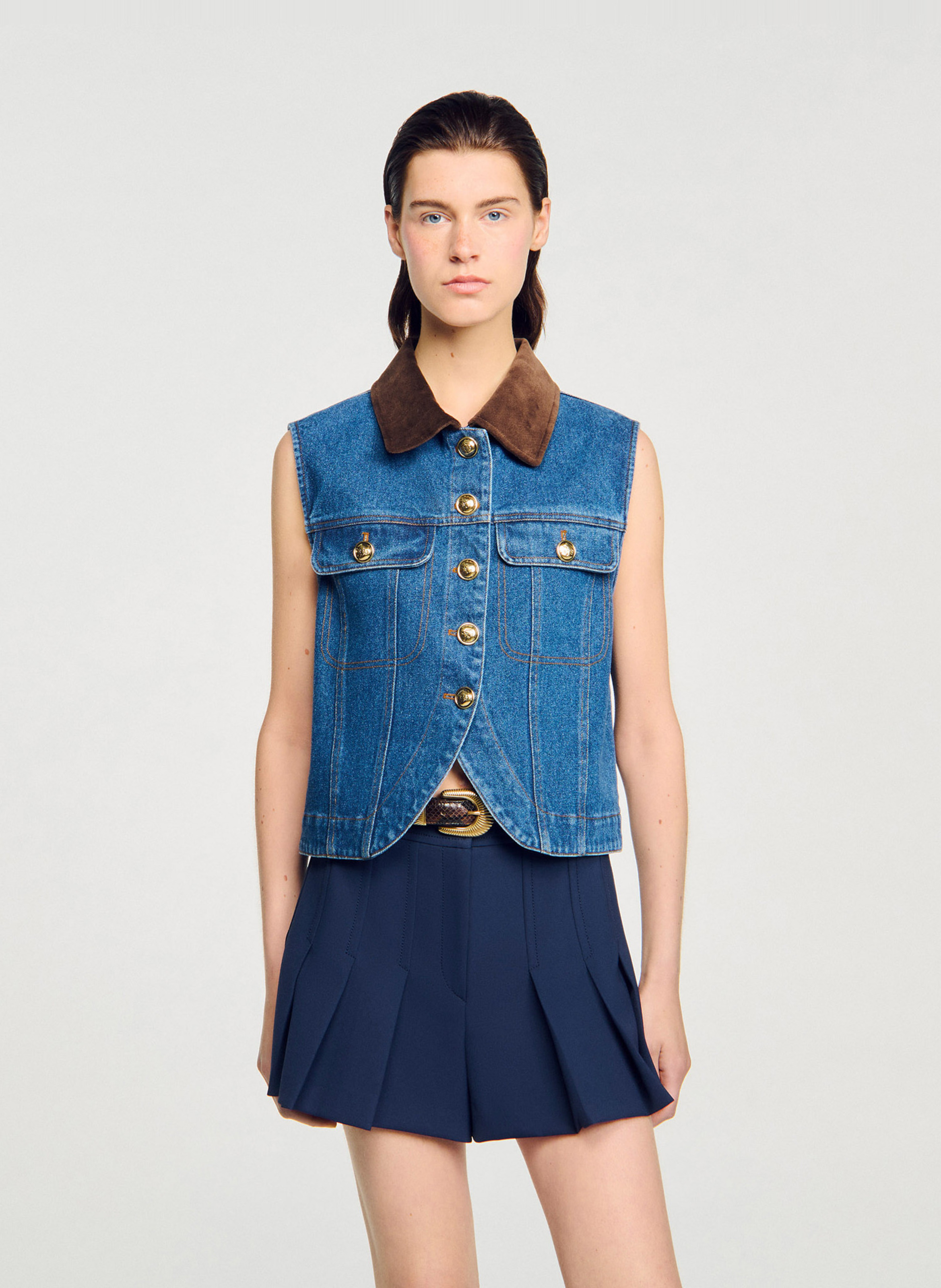 Blouson col classique en denim de coton SANDRO Bleu