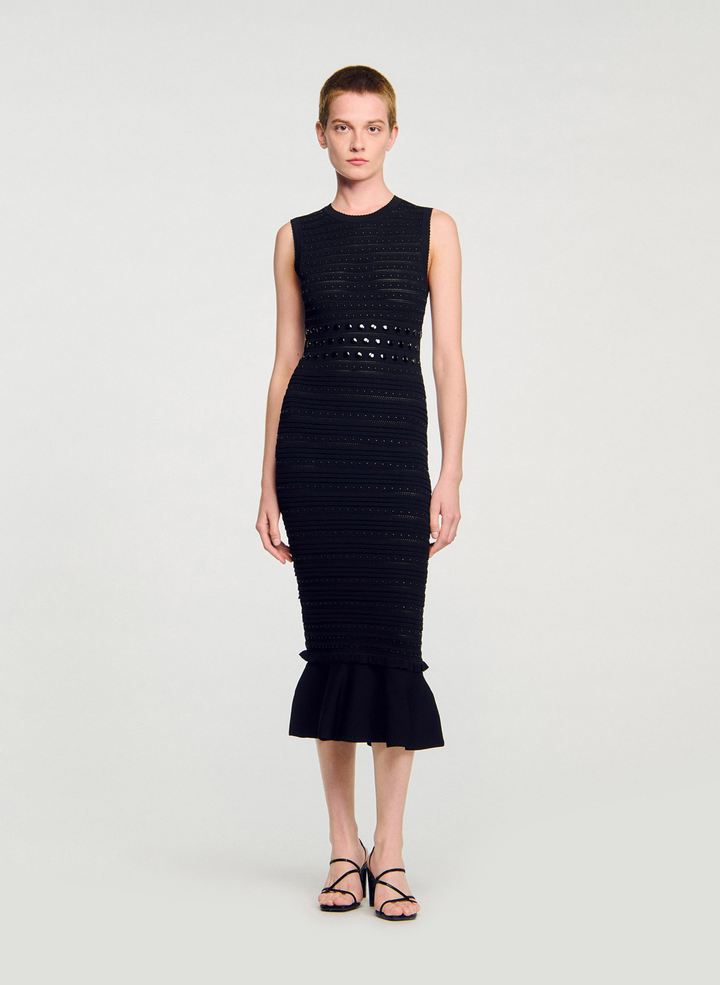 SANDRO Robe midi moulante en maille col rond Noir