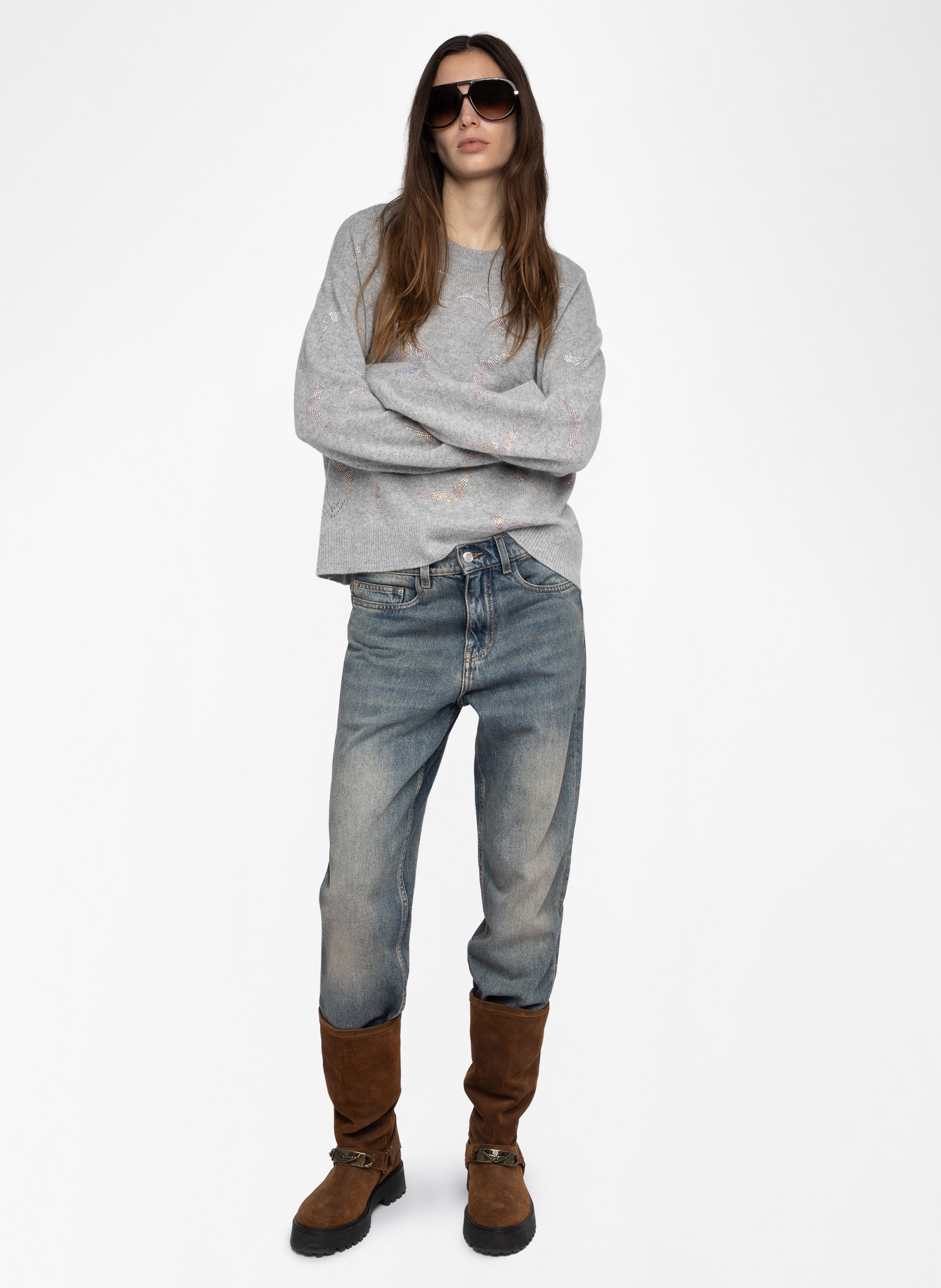 Pull droit col rond en cachemire imprimé markuz ZADIG&VOLTAIRE Gris