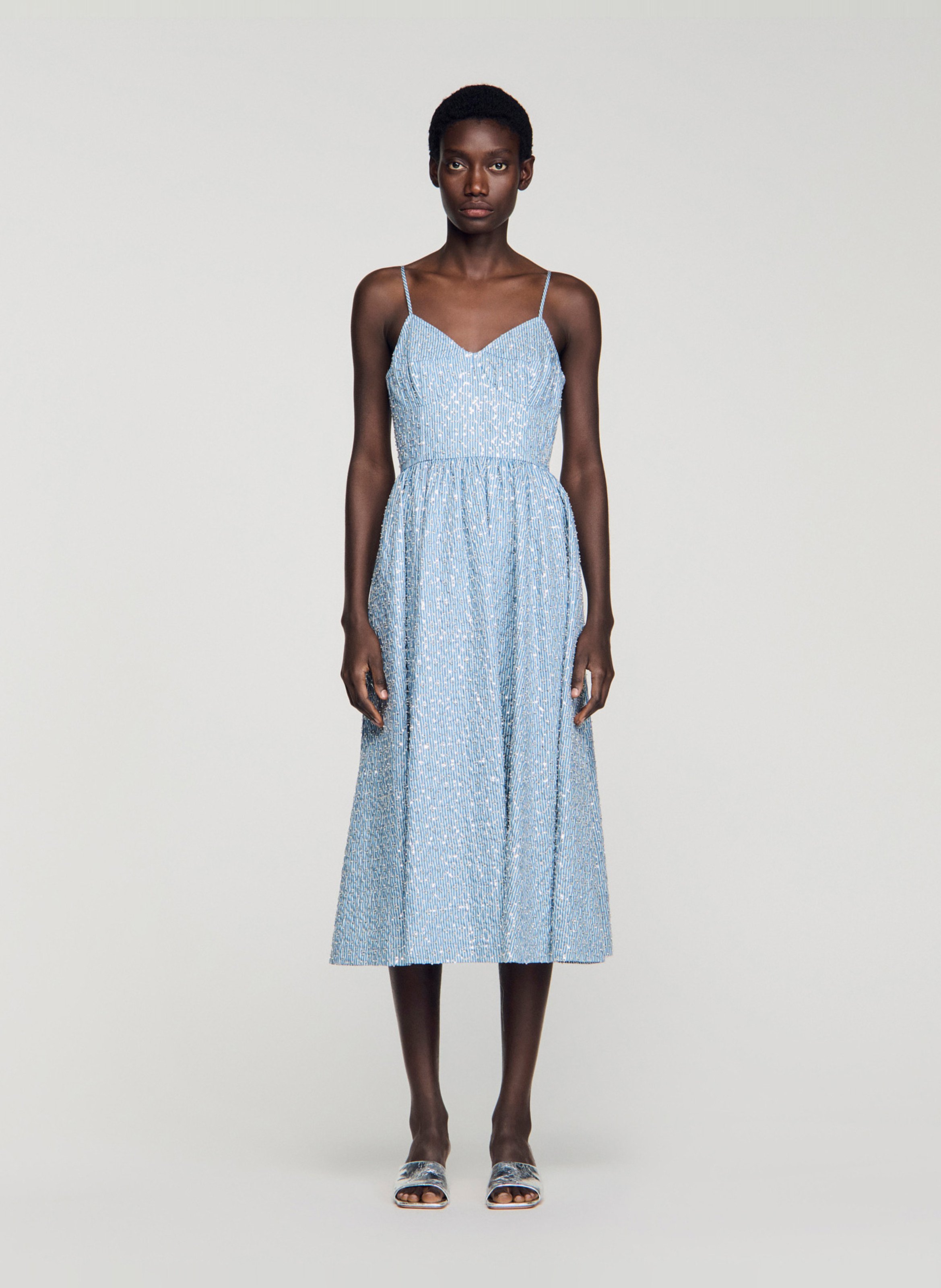 Robe midi col v SANDRO Bleu