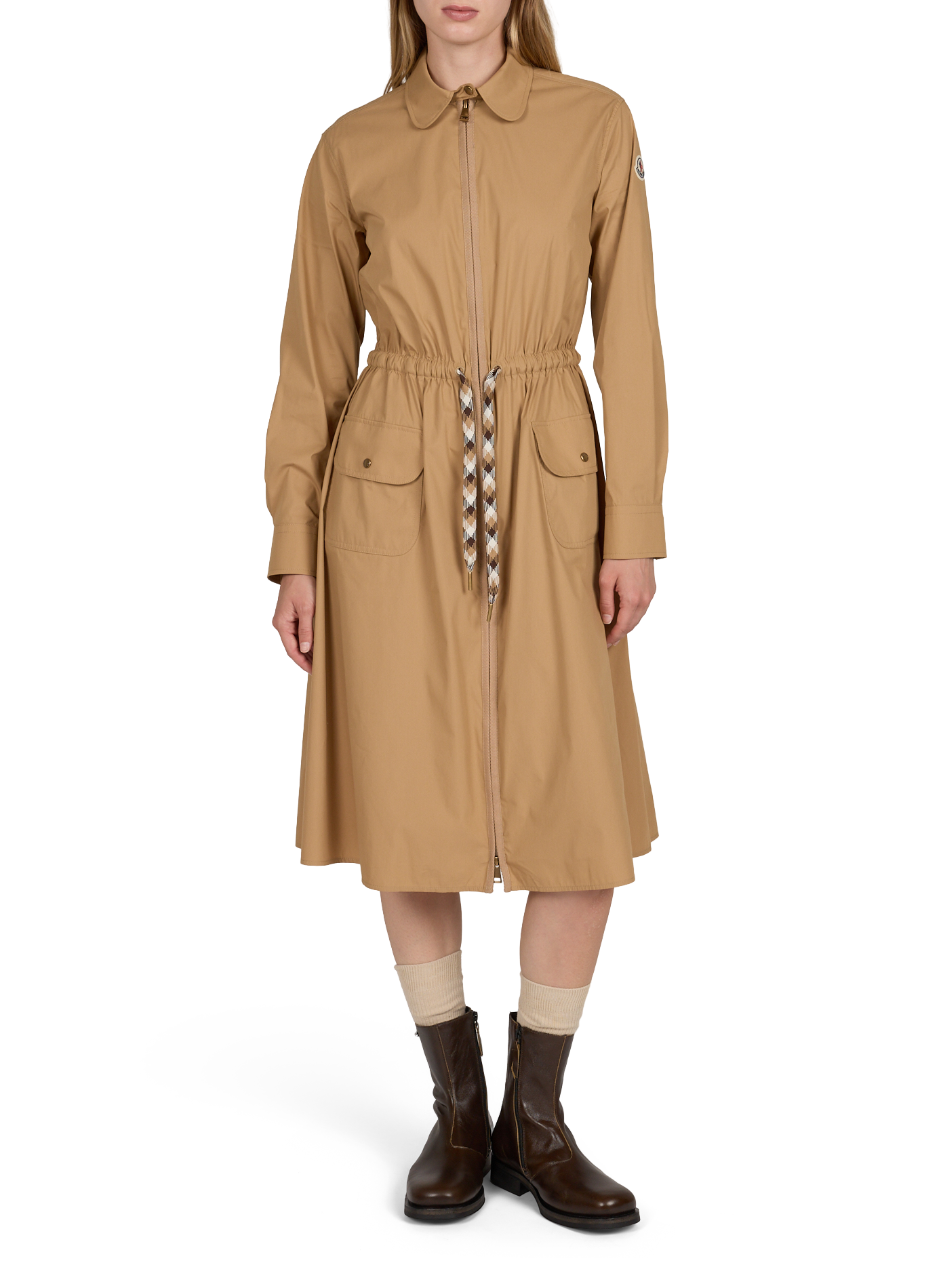 Robe chemise ajustée à cordons en coton mélangé MONCLER Beige