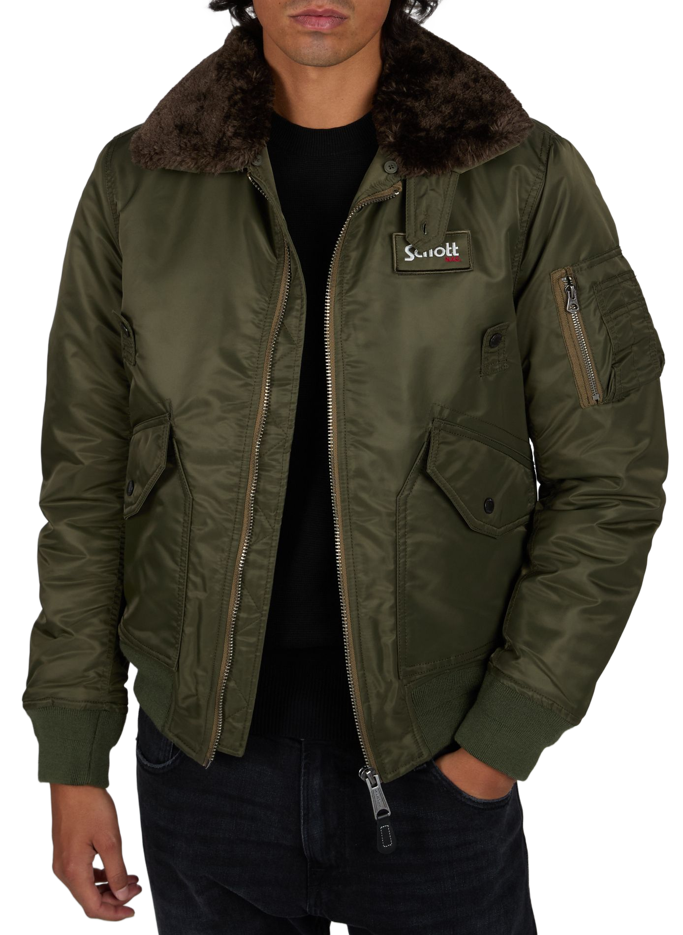 Bomber uni droit à logo  SCHOTT Kaki