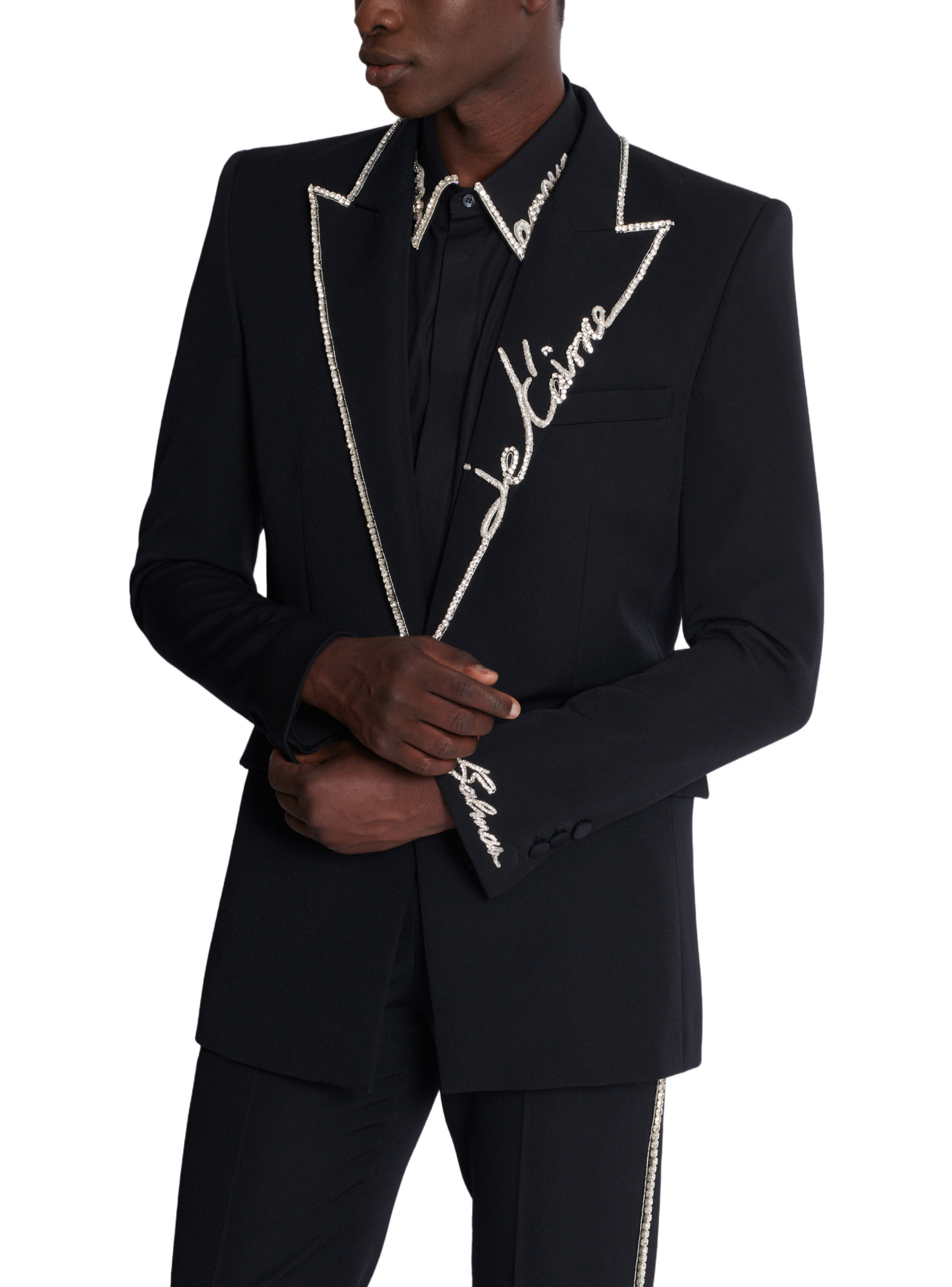 Veste 1 bouton à col brodé « lettre d'amour » BALMAIN Noir