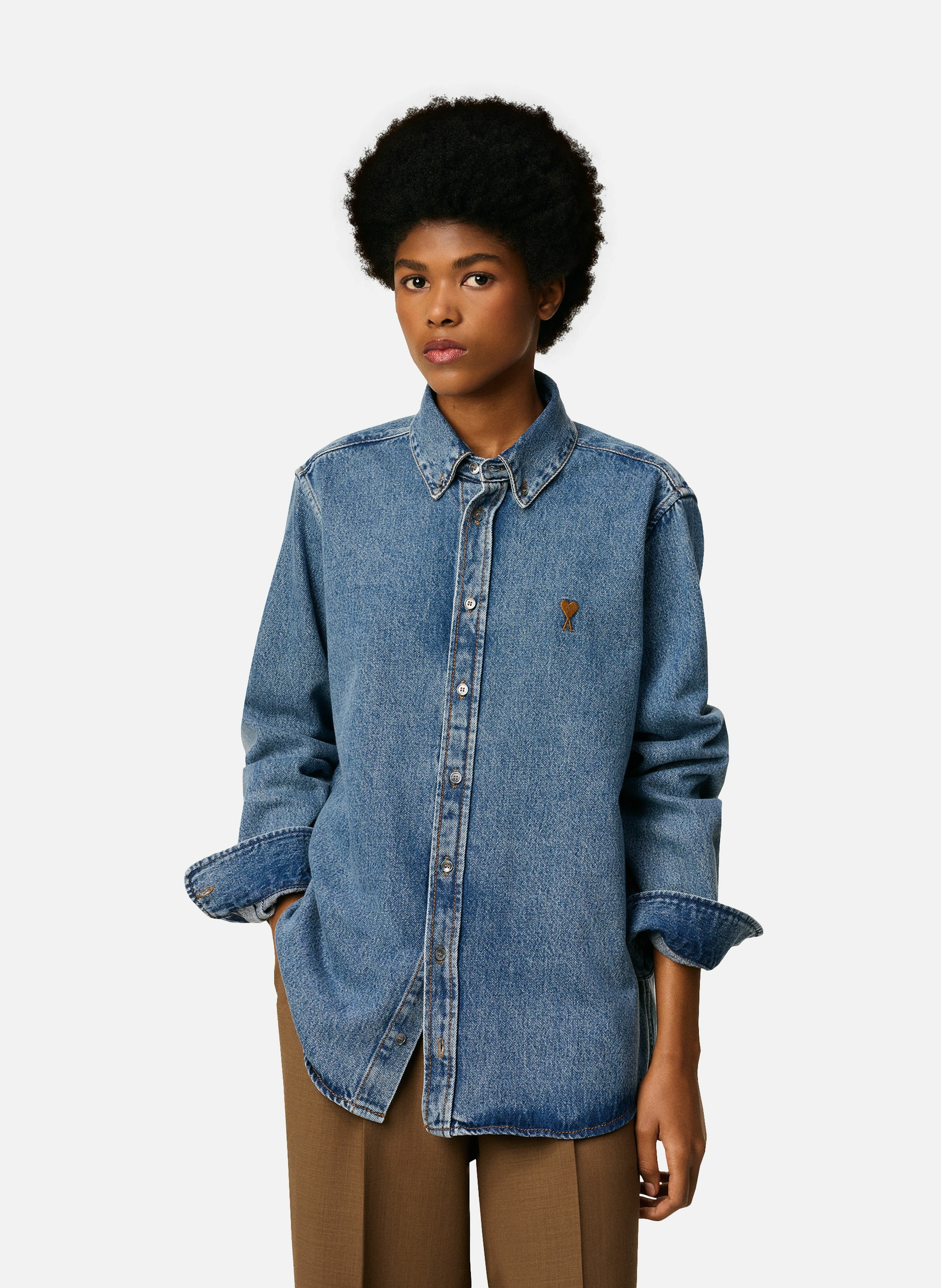 Chemise col boutonné ami de coeur en coton unisexe AMI PARIS Bleu