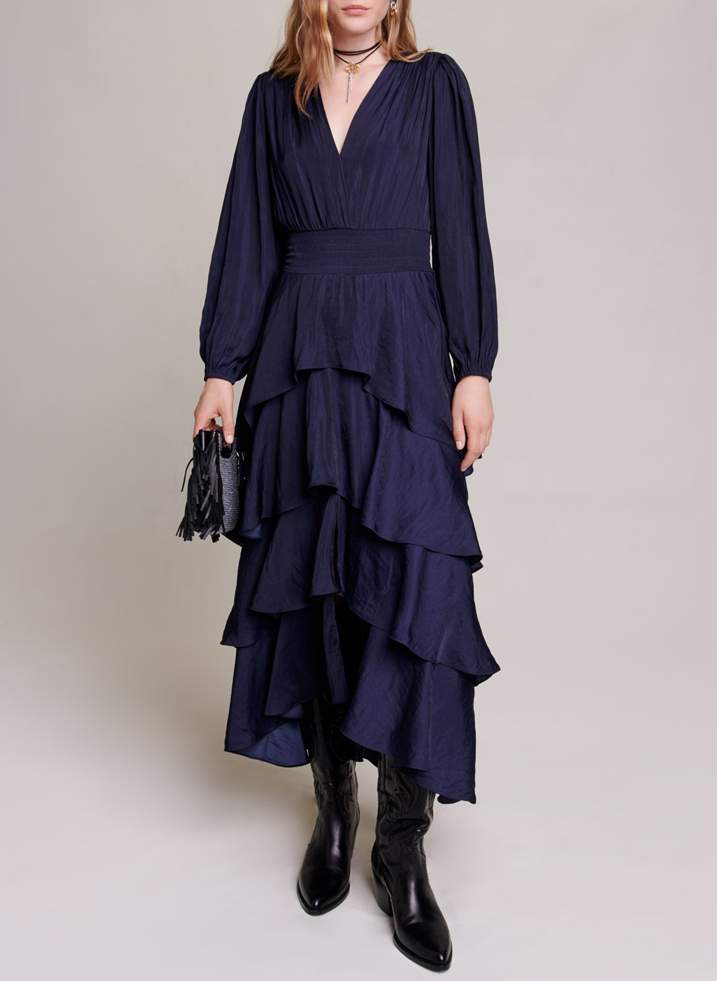 Robe longue col v à volants MAJE Bleu