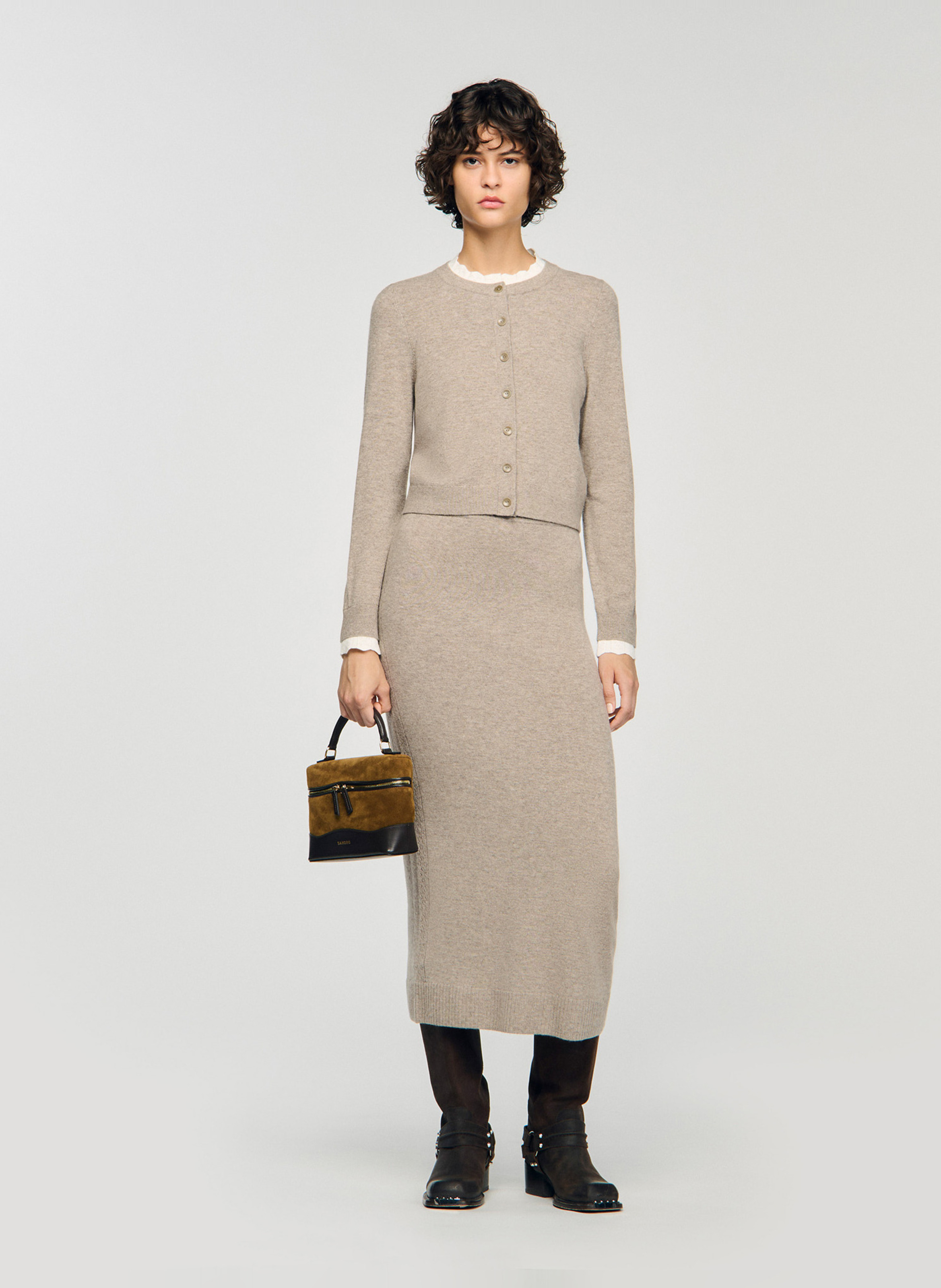 Cardigan court uni en laine mélangée SANDRO Beige