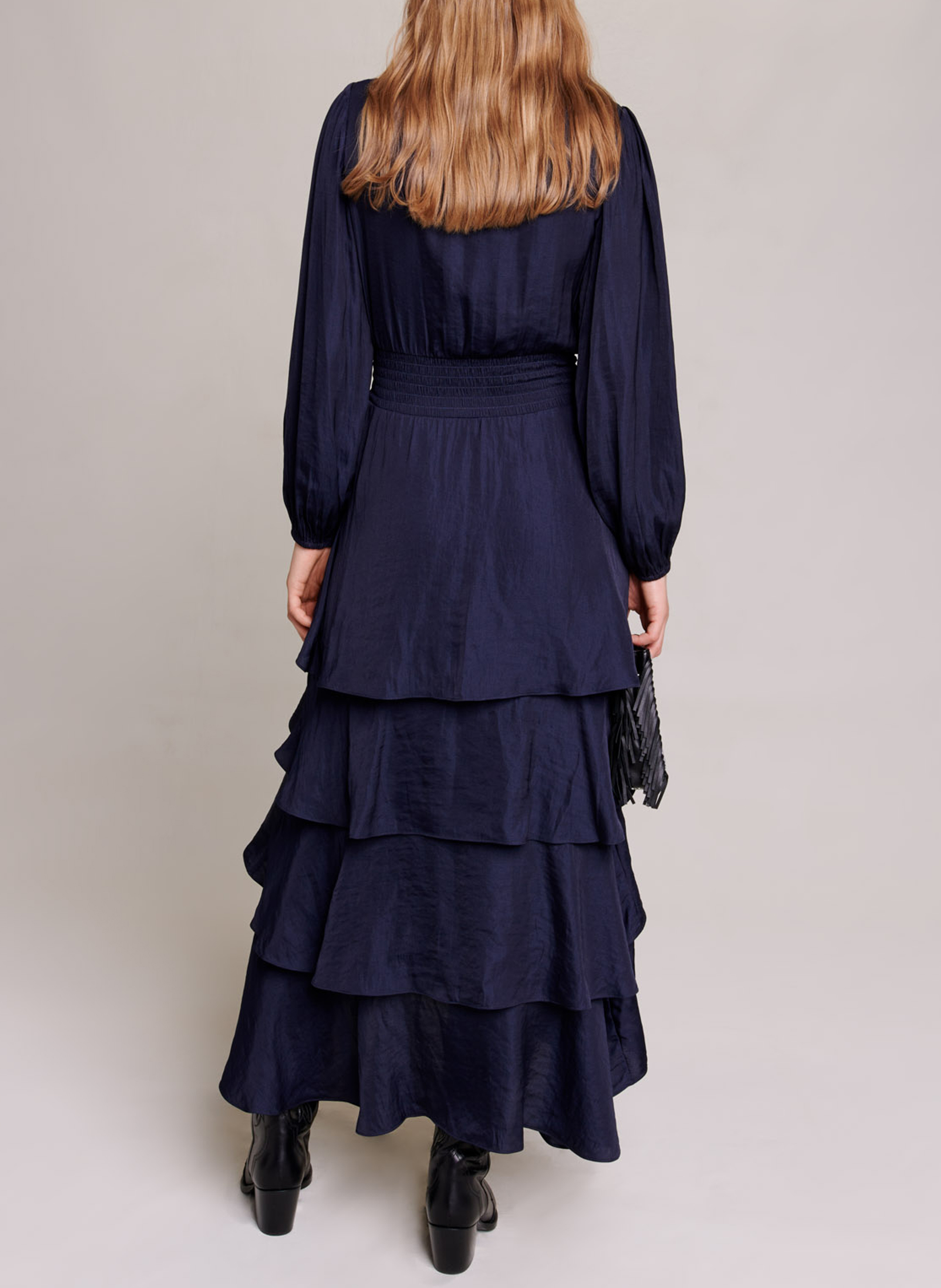 Robe longue col v à volants MAJE Bleu