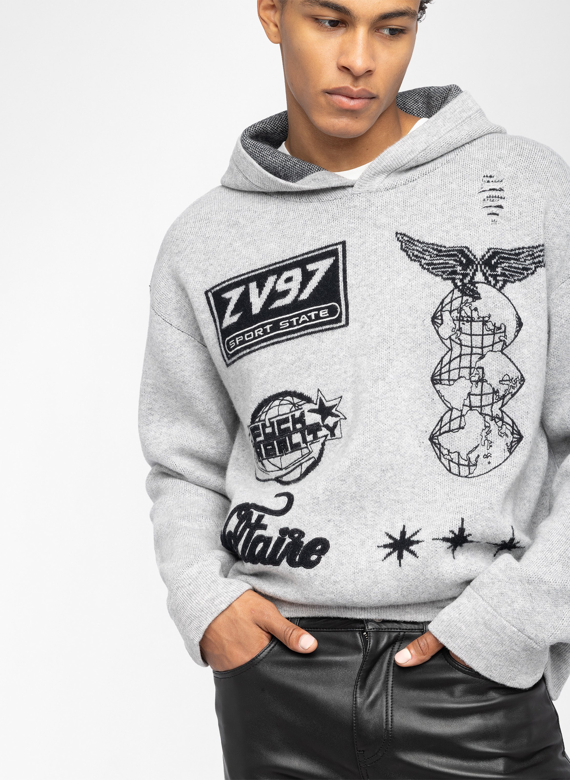 Embroidered wool and cashmere straight-cut hoodie Malay. ZADIG&VOLTAIRE Grey