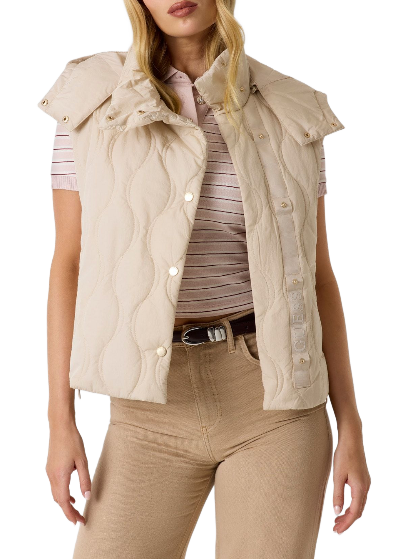 Quilted sleeveless hooded jacket GUESS Beige